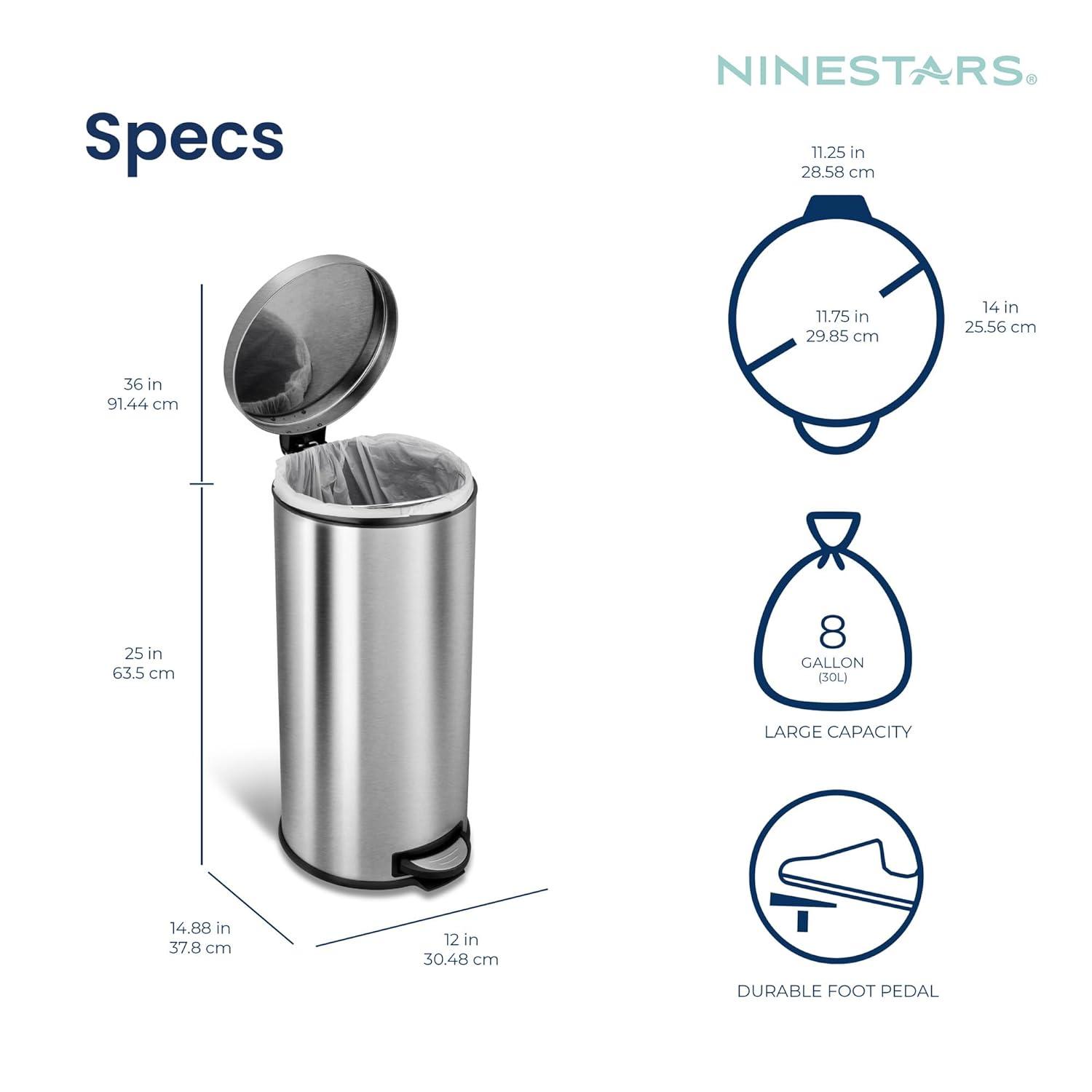 image:image8 Gallon and 12 Gallon Combo Set Round Stainless Steel Step on Trash Can FingerprintResistant Soft Close Lid HandsFree Trash can Removable Plastic Inner Bucket Waste Bin 8 Gal 30L amp 12 Gal 5L