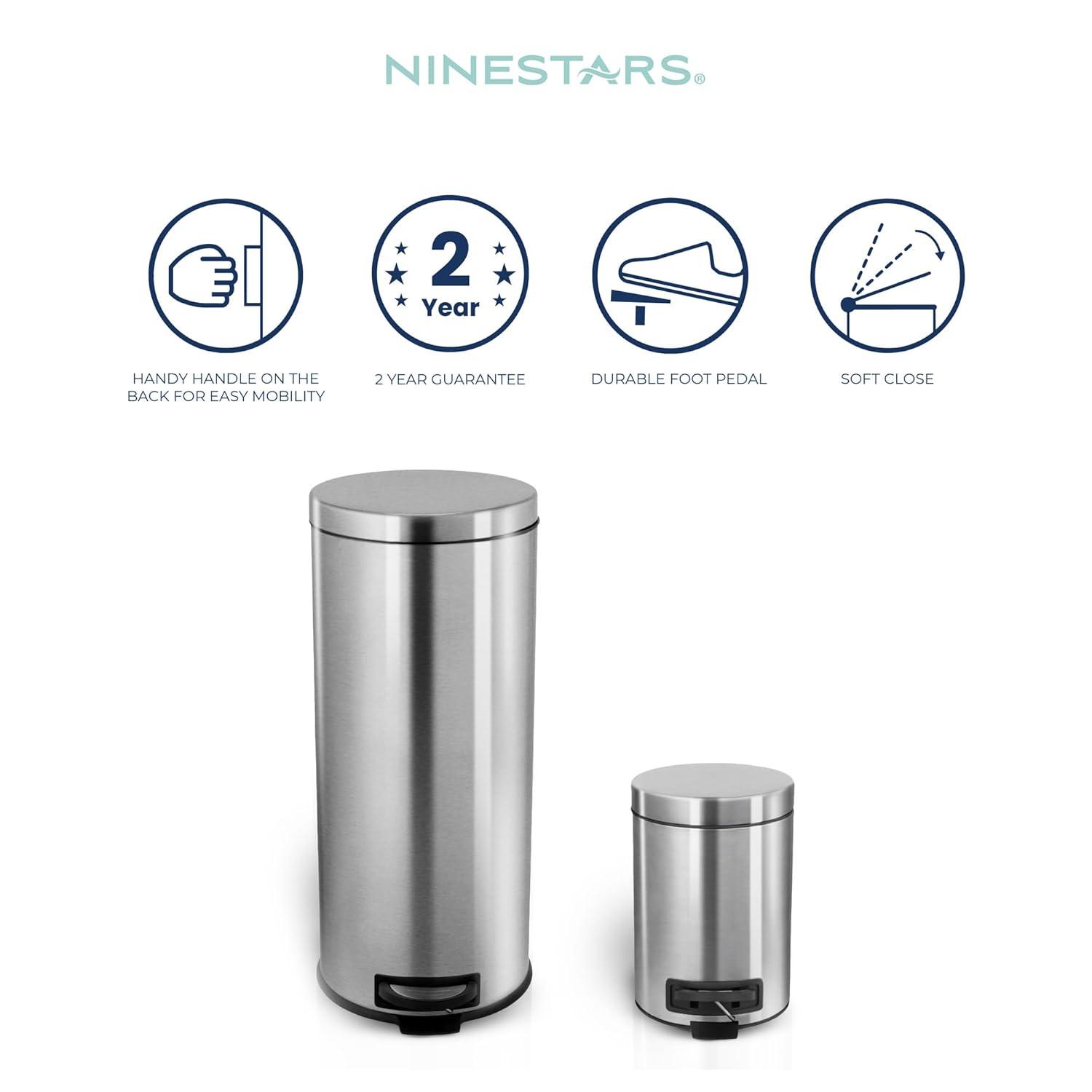 image:image8 Gallon and 12 Gallon Combo Set Round Stainless Steel Step on Trash Can FingerprintResistant Soft Close Lid HandsFree Trash can Removable Plastic Inner Bucket Waste Bin 8 Gal 30L amp 12 Gal 5L