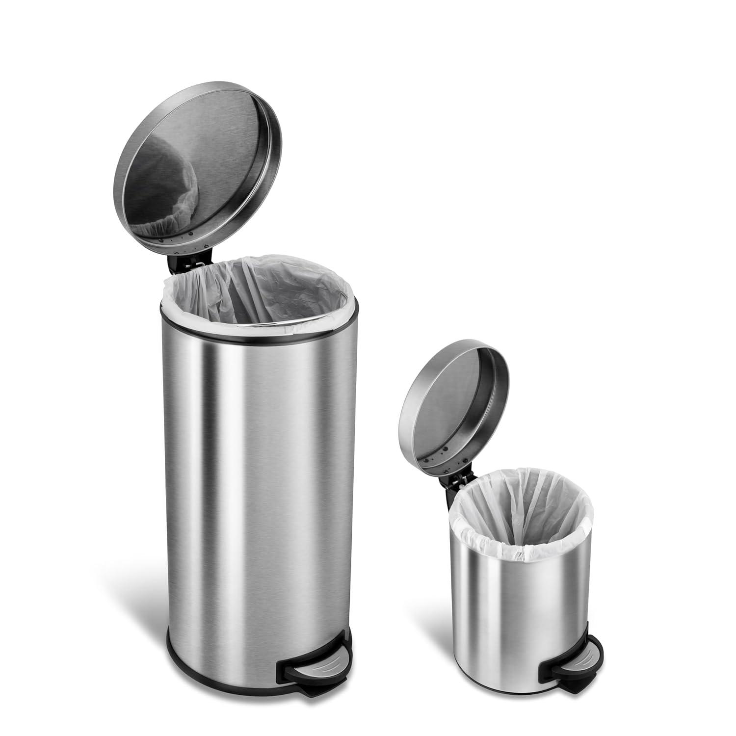image:image8 Gallon and 12 Gallon Combo Set Round Stainless Steel Step on Trash Can FingerprintResistant Soft Close Lid HandsFree Trash can Removable Plastic Inner Bucket Waste Bin 8 Gal 30L amp 12 Gal 5L