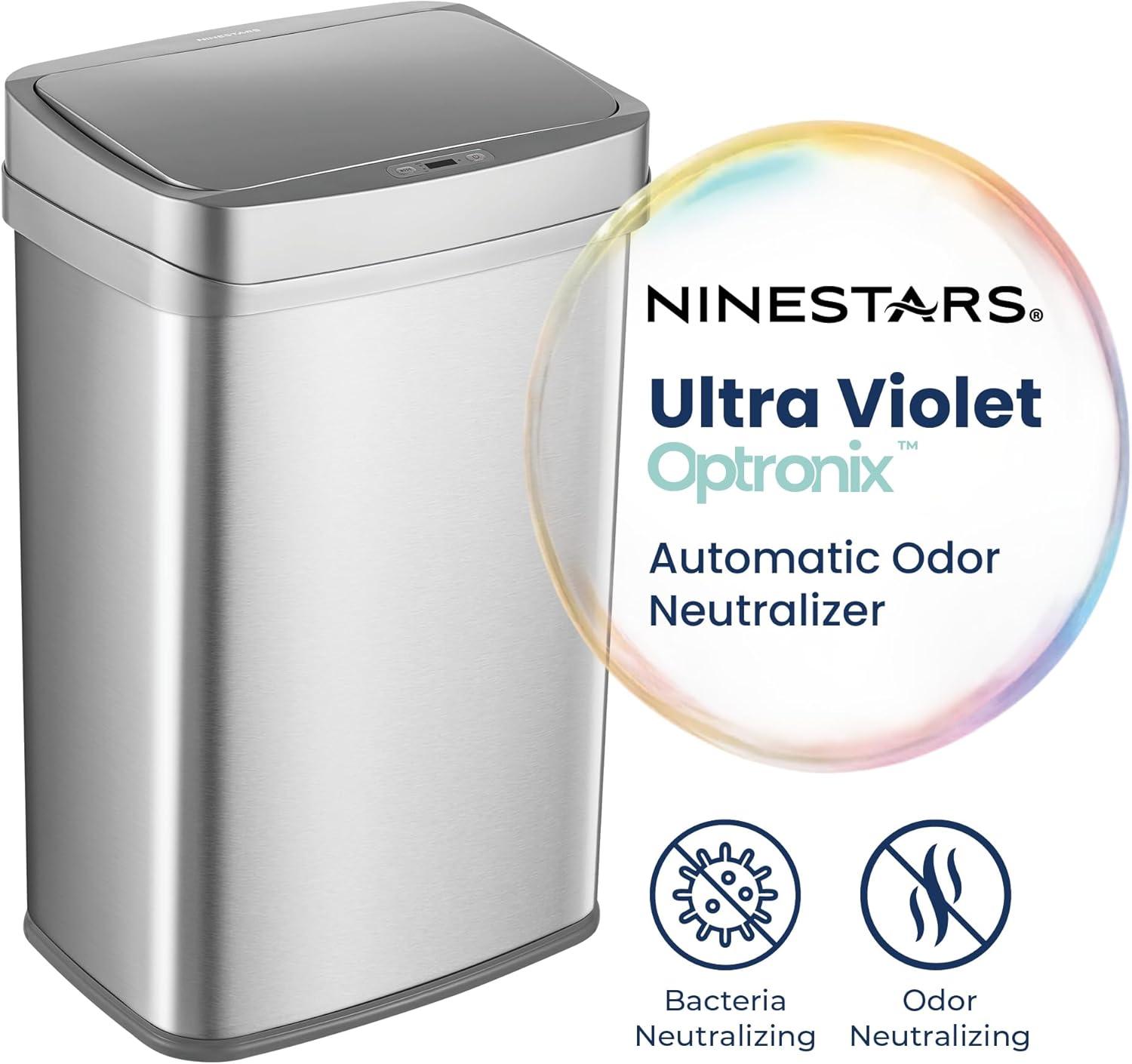 image:imageNinestars 13 Gallon Odor Neutralizing Smart Trash Can UV Ozone Dual Purification Odor Control Motion Sensor Garbage Bin Universal Power Adapter ONT5081SL Stainless Steel Silver Nova SeriesLarge