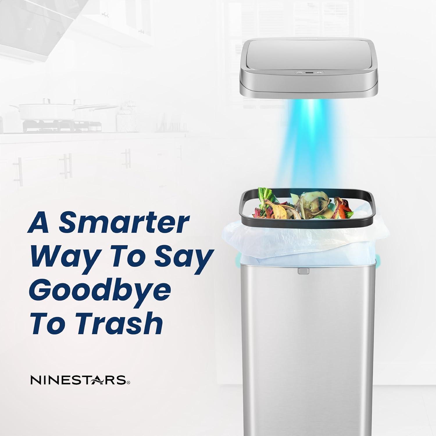 image:imageNinestars 13 Gallon Odor Neutralizing Smart Trash Can UV Ozone Dual Purification Odor Control Motion Sensor Garbage Bin Universal Power Adapter ONT5081SL Stainless Steel Silver Nova SeriesLarge