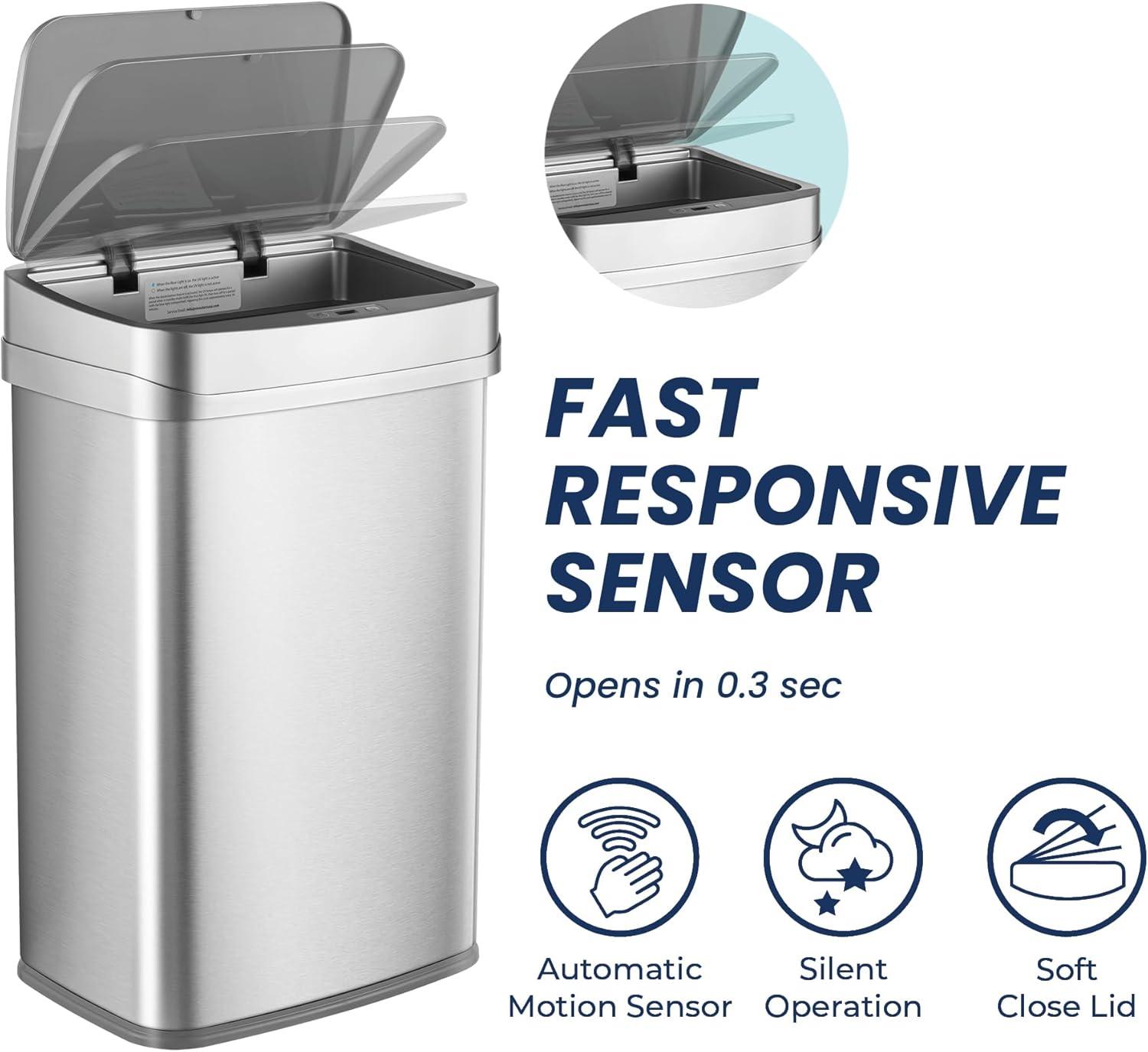 image:imageNinestars 13 Gallon Odor Neutralizing Smart Trash Can UV Ozone Dual Purification Odor Control Motion Sensor Garbage Bin Universal Power Adapter ONT5081SL Stainless Steel Silver Nova SeriesLarge