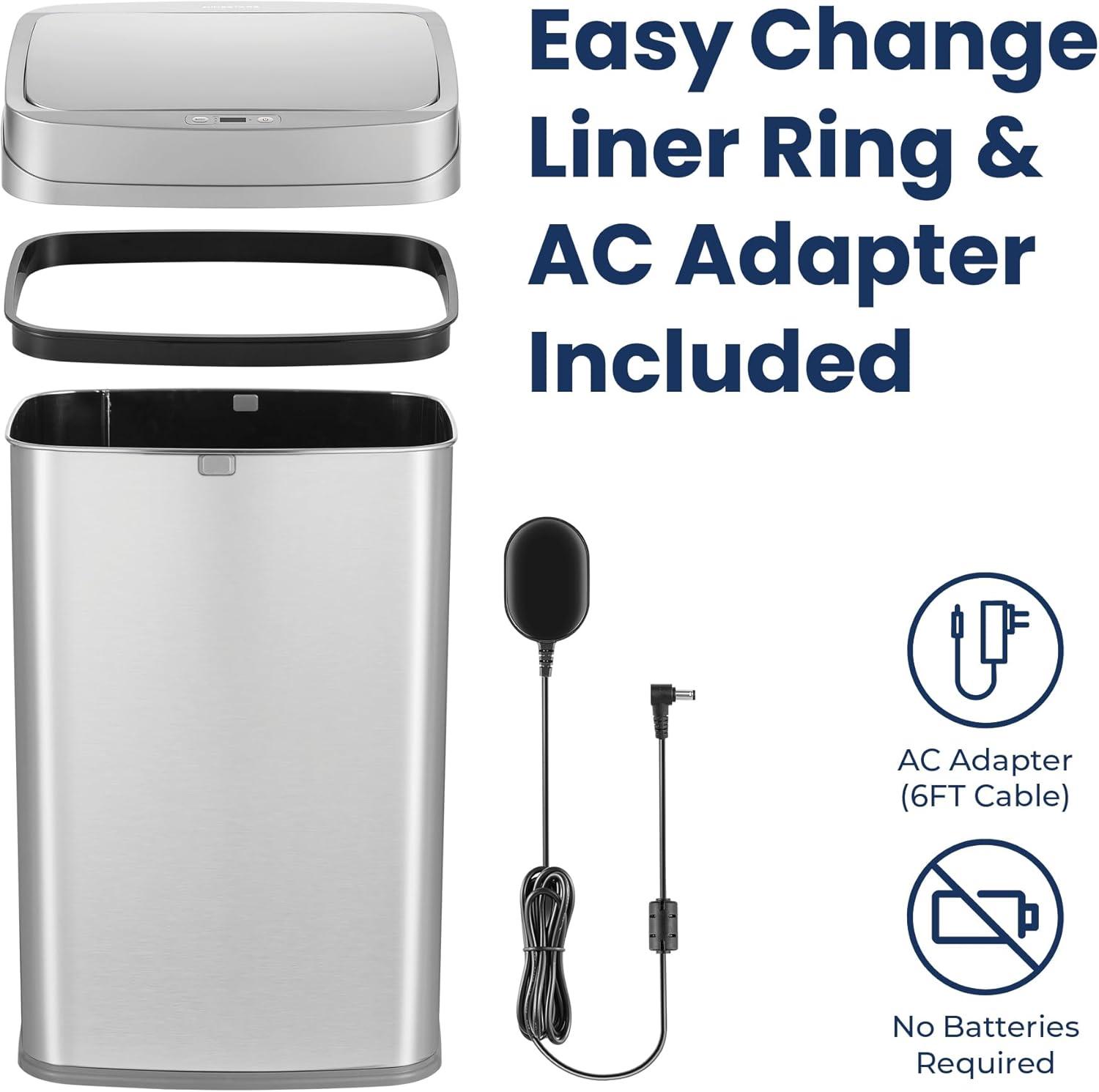 image:imageNinestars 13 Gallon Odor Neutralizing Smart Trash Can UV Ozone Dual Purification Odor Control Motion Sensor Garbage Bin Universal Power Adapter ONT5081SL Stainless Steel Silver Nova SeriesLarge
