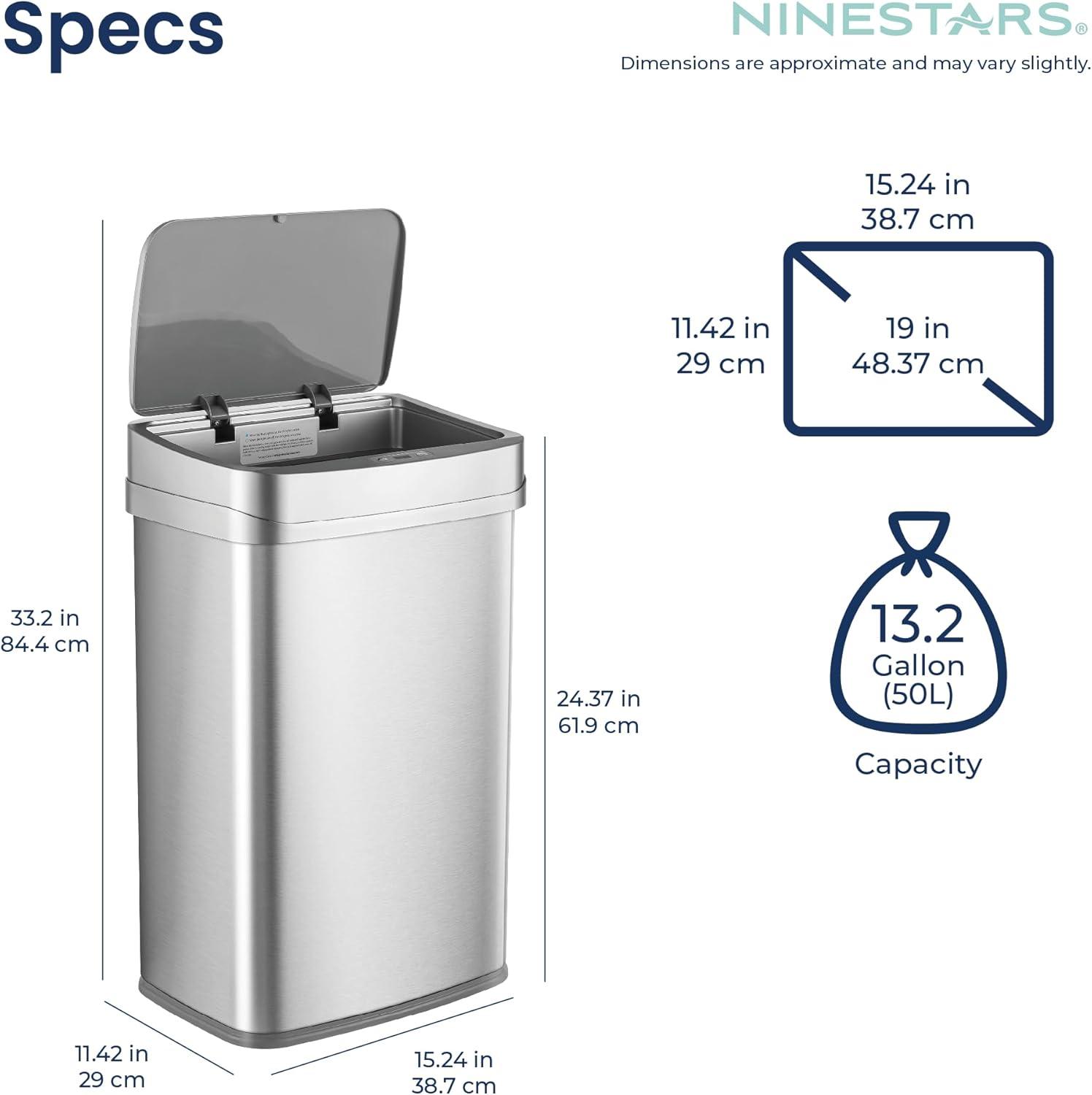 image:imageNinestars 13 Gallon Odor Neutralizing Smart Trash Can UV Ozone Dual Purification Odor Control Motion Sensor Garbage Bin Universal Power Adapter ONT5081SL Stainless Steel Silver Nova SeriesLarge
