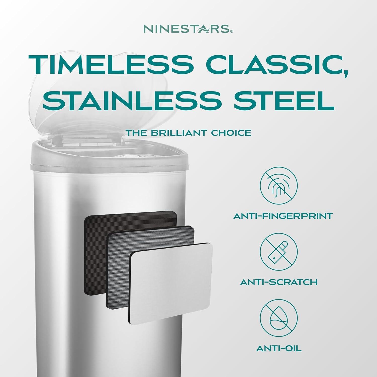 image:imageNinestars 13 Gallon Oval Automatic Trash Can 50L Touchless Motion Sensor Garbage Can with OdorSealing Lid amp OneTouch Manual Mode Silver Stainless Steel Black Trim