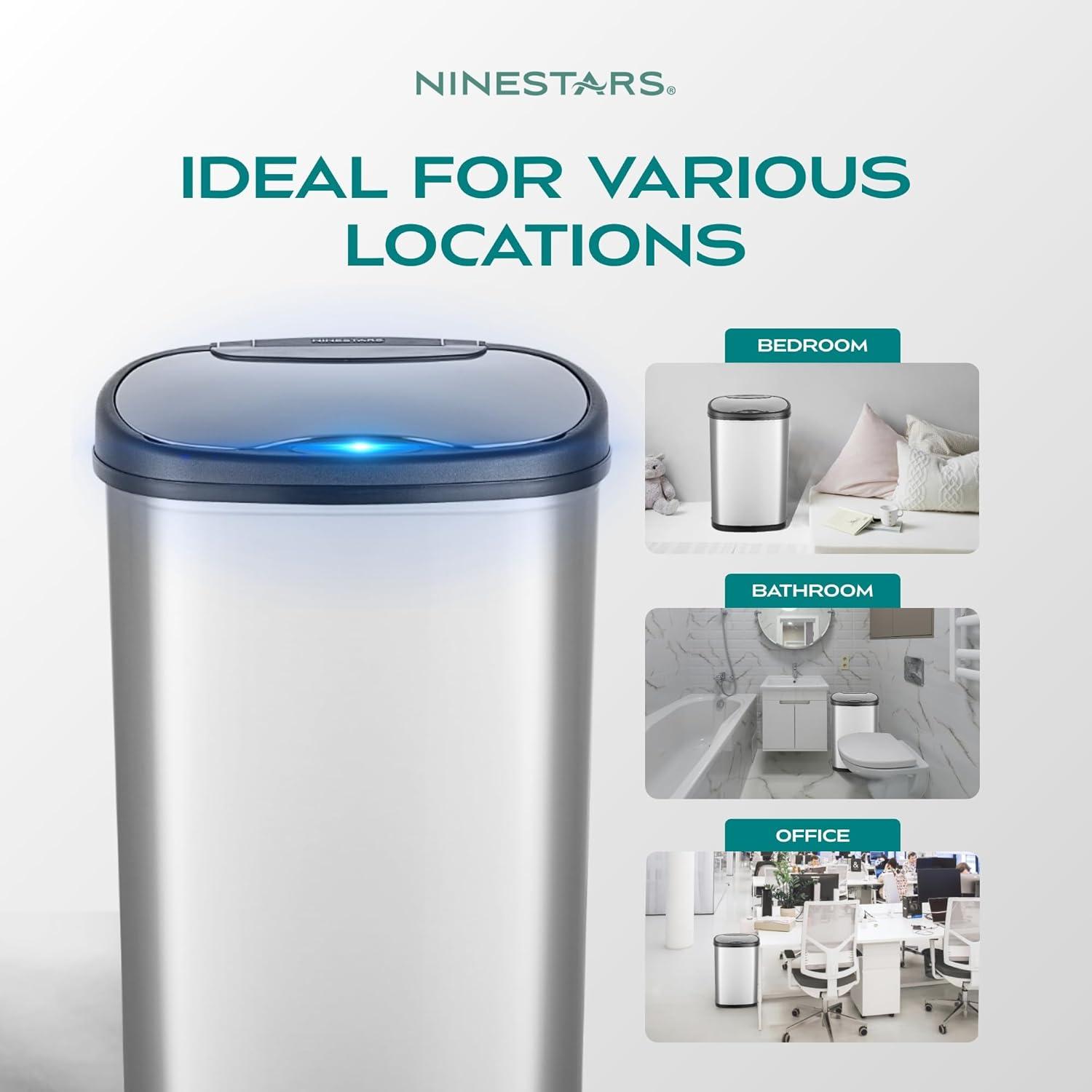 image:imageNinestars 13 Gallon Oval Automatic Trash Can 50L Touchless Motion Sensor Garbage Can with OdorSealing Lid amp OneTouch Manual Mode Silver Stainless Steel Black Trim