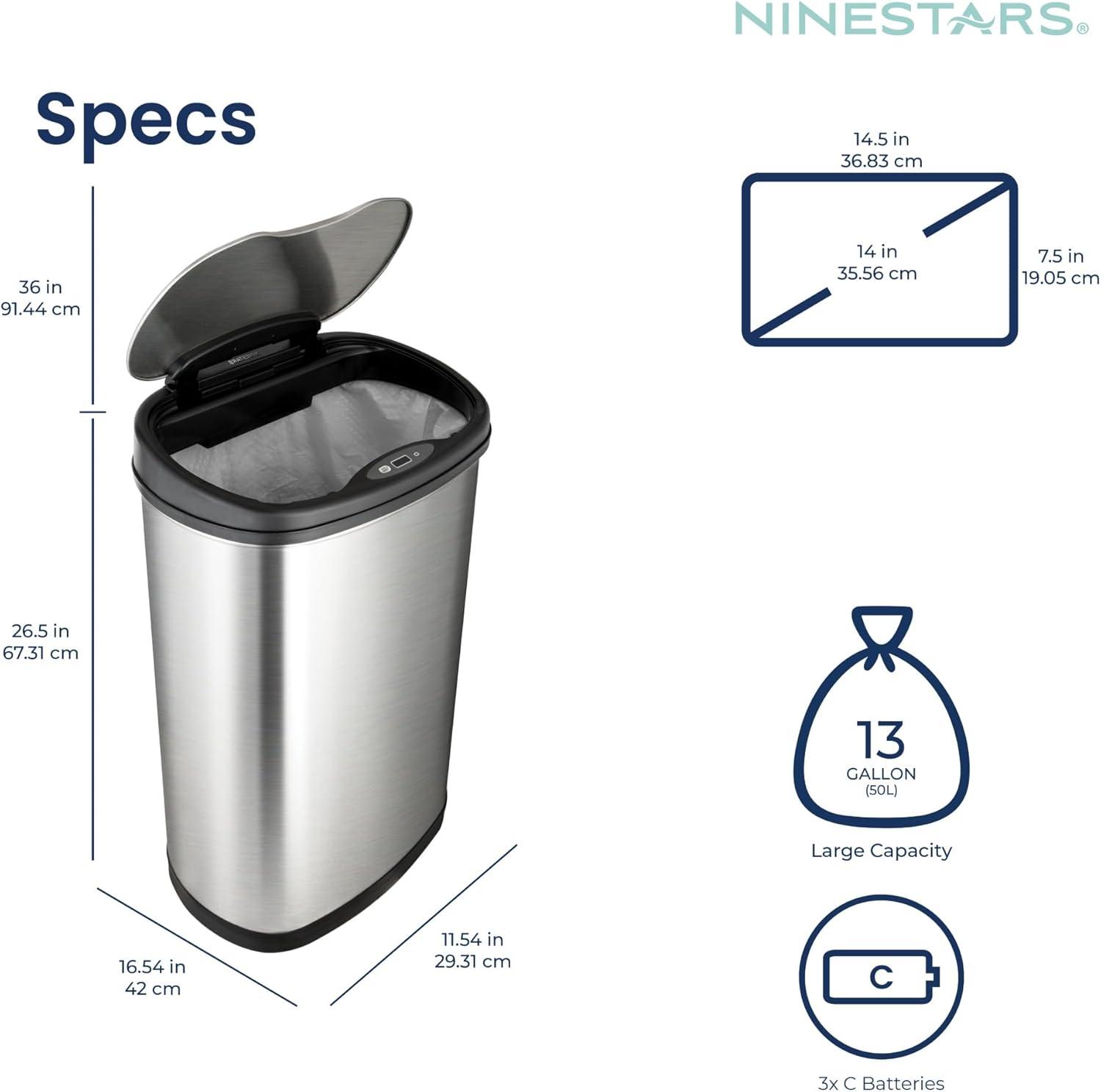 image:imageNinestars 13 Gallon Oval Automatic Trash Can 50L Touchless Motion Sensor Garbage Can with OdorSealing Lid amp OneTouch Manual Mode Silver Stainless Steel Black Trim