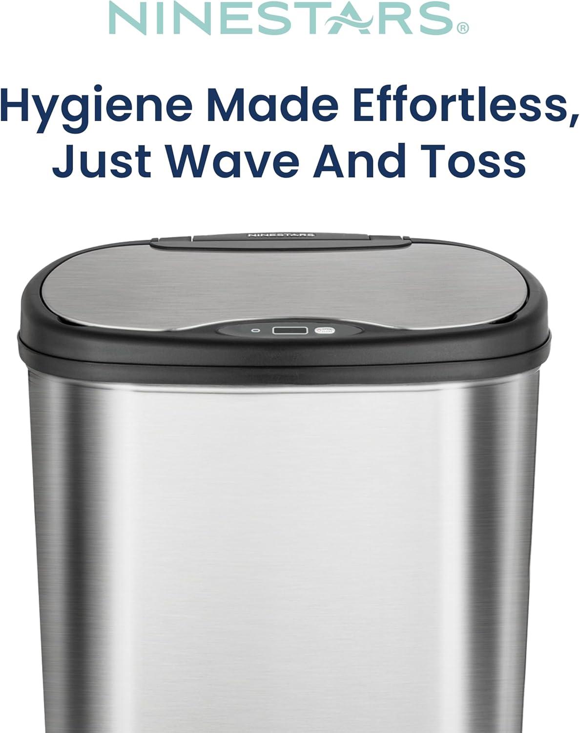 image:imageNinestars 13 Gallon Oval Automatic Trash Can 50L Touchless Motion Sensor Garbage Can with OdorSealing Lid amp OneTouch Manual Mode Silver Stainless Steel Black Trim