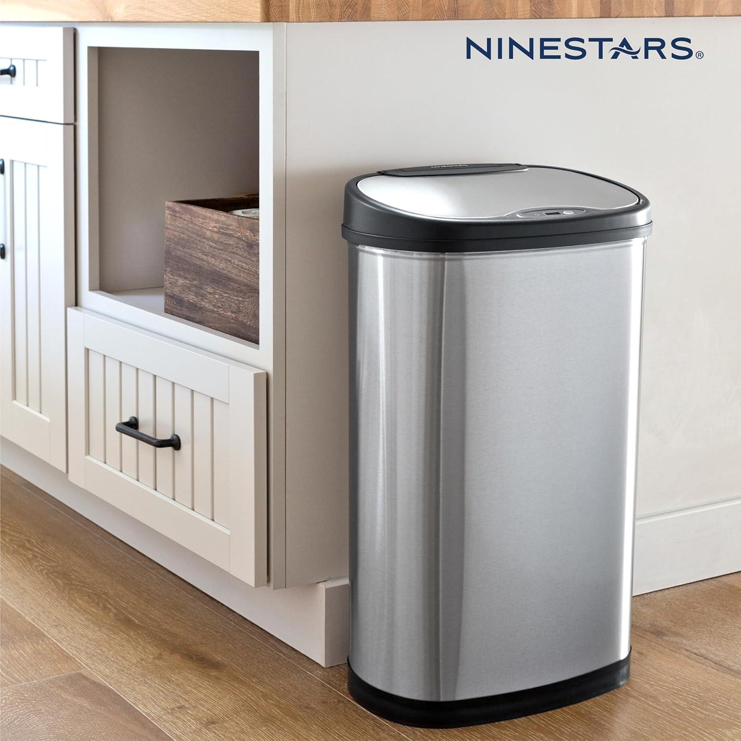image:imageNinestars 13 Gallon Oval Automatic Trash Can 50L Touchless Motion Sensor Garbage Can with OdorSealing Lid amp OneTouch Manual Mode Silver Stainless Steel Black Trim