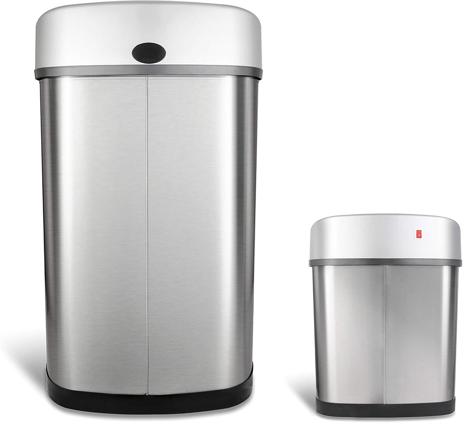 image:imageNinestars 2Piece Automatic Trash Can Combo Set 132 Gal 50L amp 3 Gal 12L Touchless Motion Sensor Garbage Cans Matching Oval Stainless Steel Black Lid