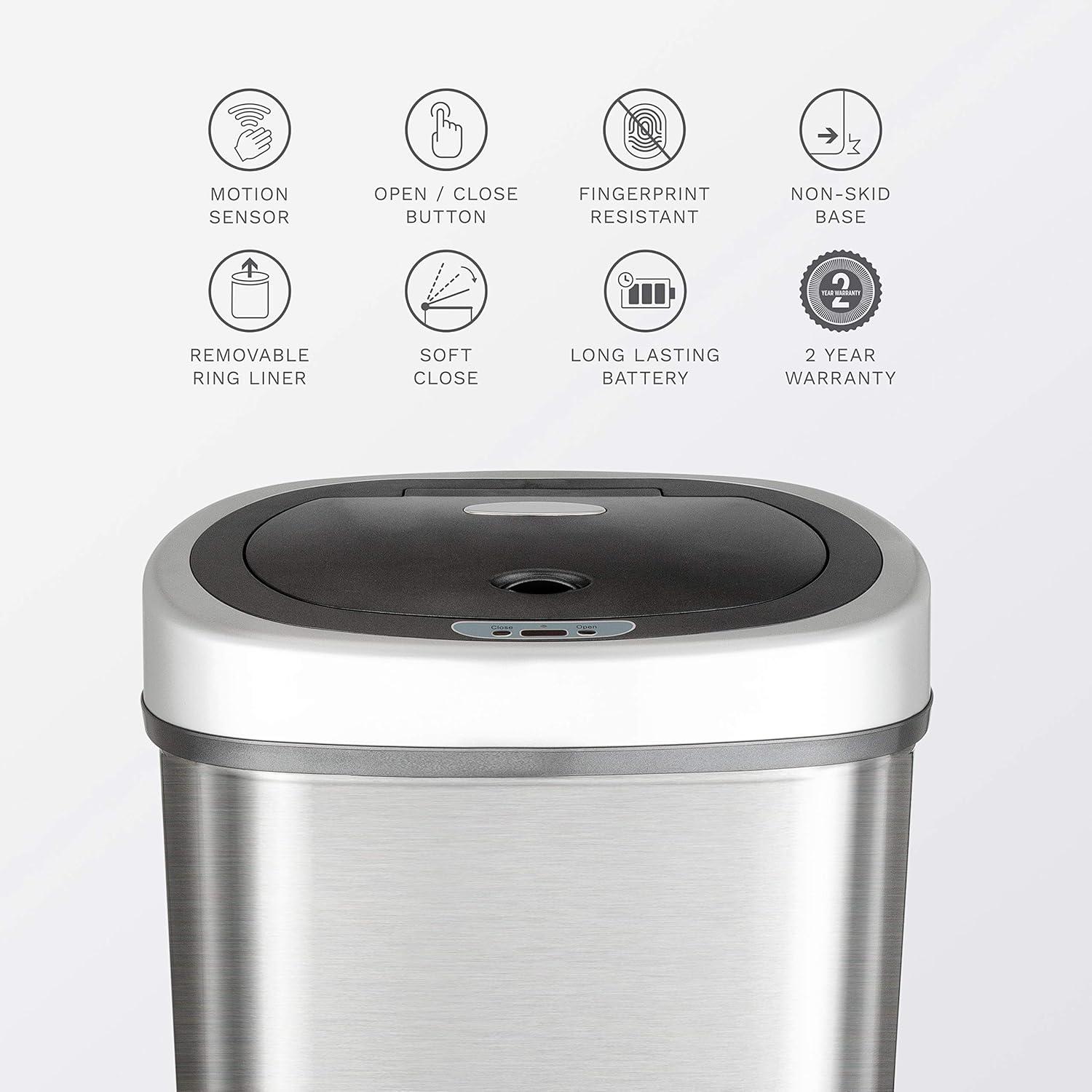 image:imageNinestars 2Piece Automatic Trash Can Combo Set 132 Gal 50L amp 3 Gal 12L Touchless Motion Sensor Garbage Cans Matching Oval Stainless Steel Black Lid