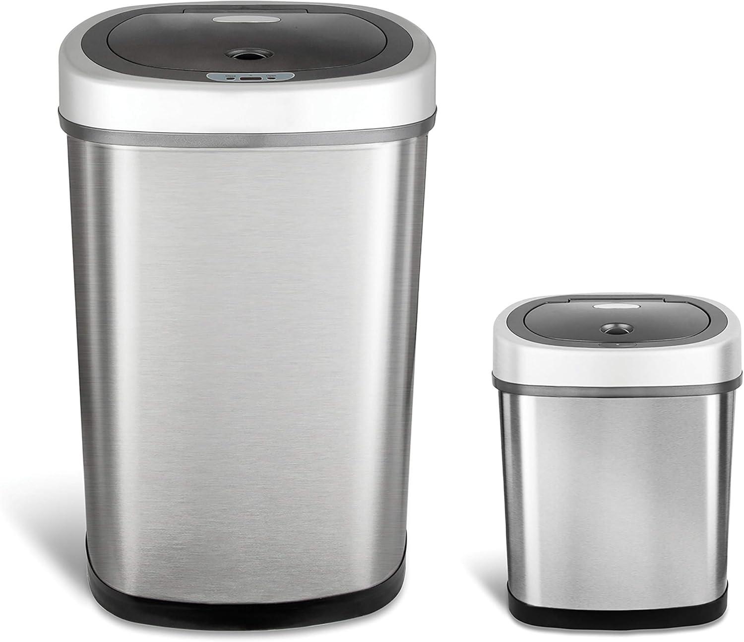 image:imageNinestars 2Piece Automatic Trash Can Combo Set 132 Gal 50L amp 3 Gal 12L Touchless Motion Sensor Garbage Cans Matching Oval Stainless Steel Black Lid