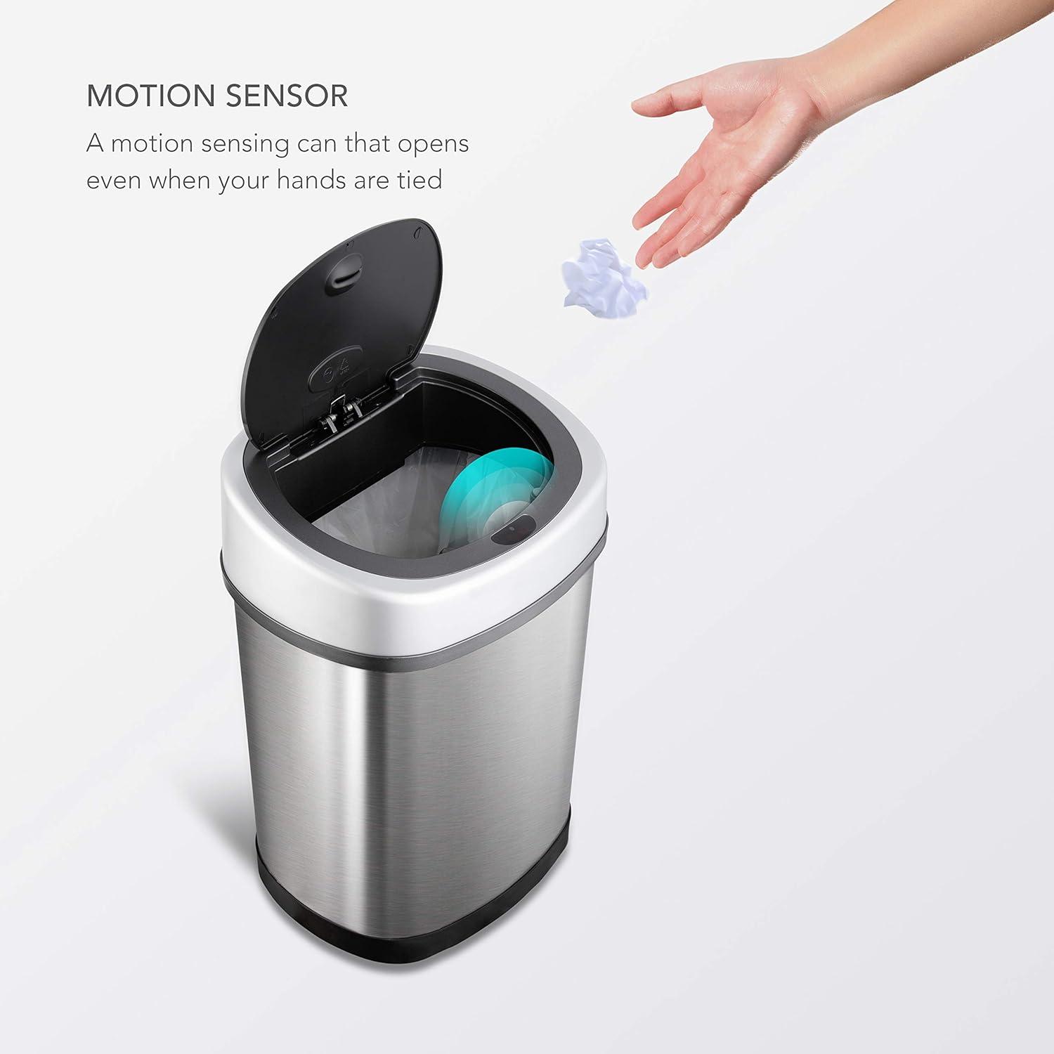 image:imageNinestars 2Piece Automatic Trash Can Combo Set 132 Gal 50L amp 3 Gal 12L Touchless Motion Sensor Garbage Cans Matching Oval Stainless Steel Black Lid