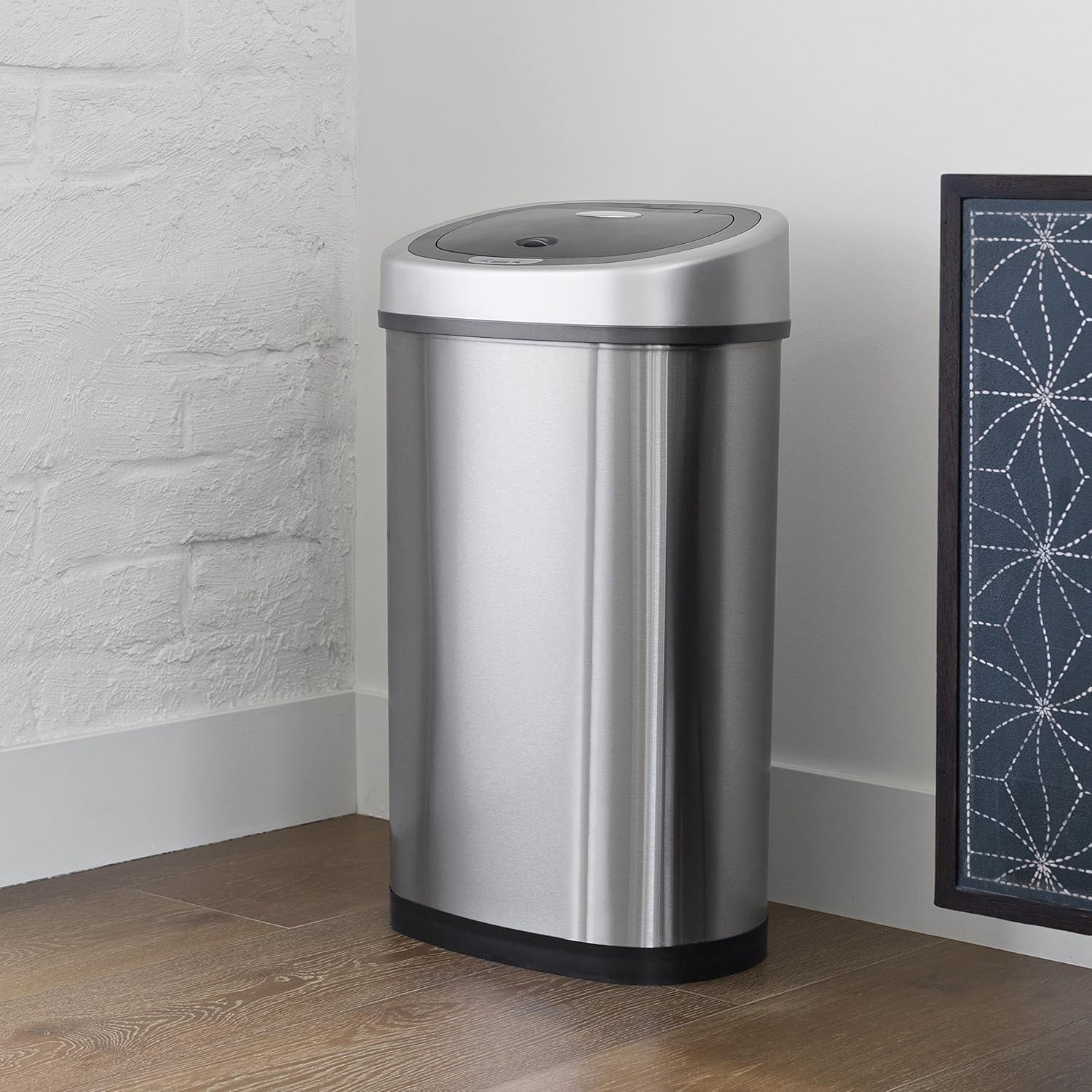 image:imageNinestars 2Piece Automatic Trash Can Combo Set 132 Gal 50L amp 3 Gal 12L Touchless Motion Sensor Garbage Cans Matching Oval Stainless Steel Black Lid