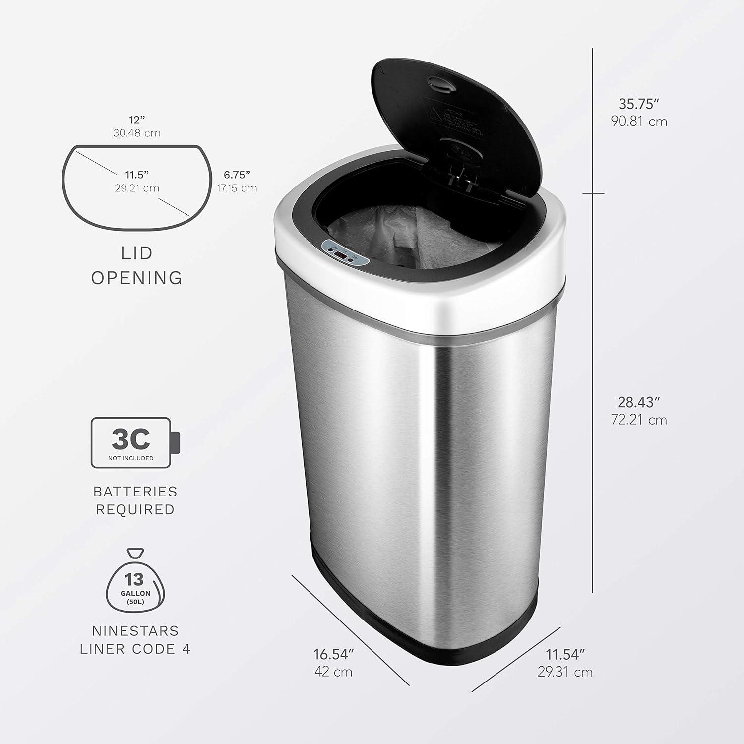 image:imageNinestars 2Piece Automatic Trash Can Combo Set 132 Gal 50L amp 3 Gal 12L Touchless Motion Sensor Garbage Cans Matching Oval Stainless Steel Black Lid