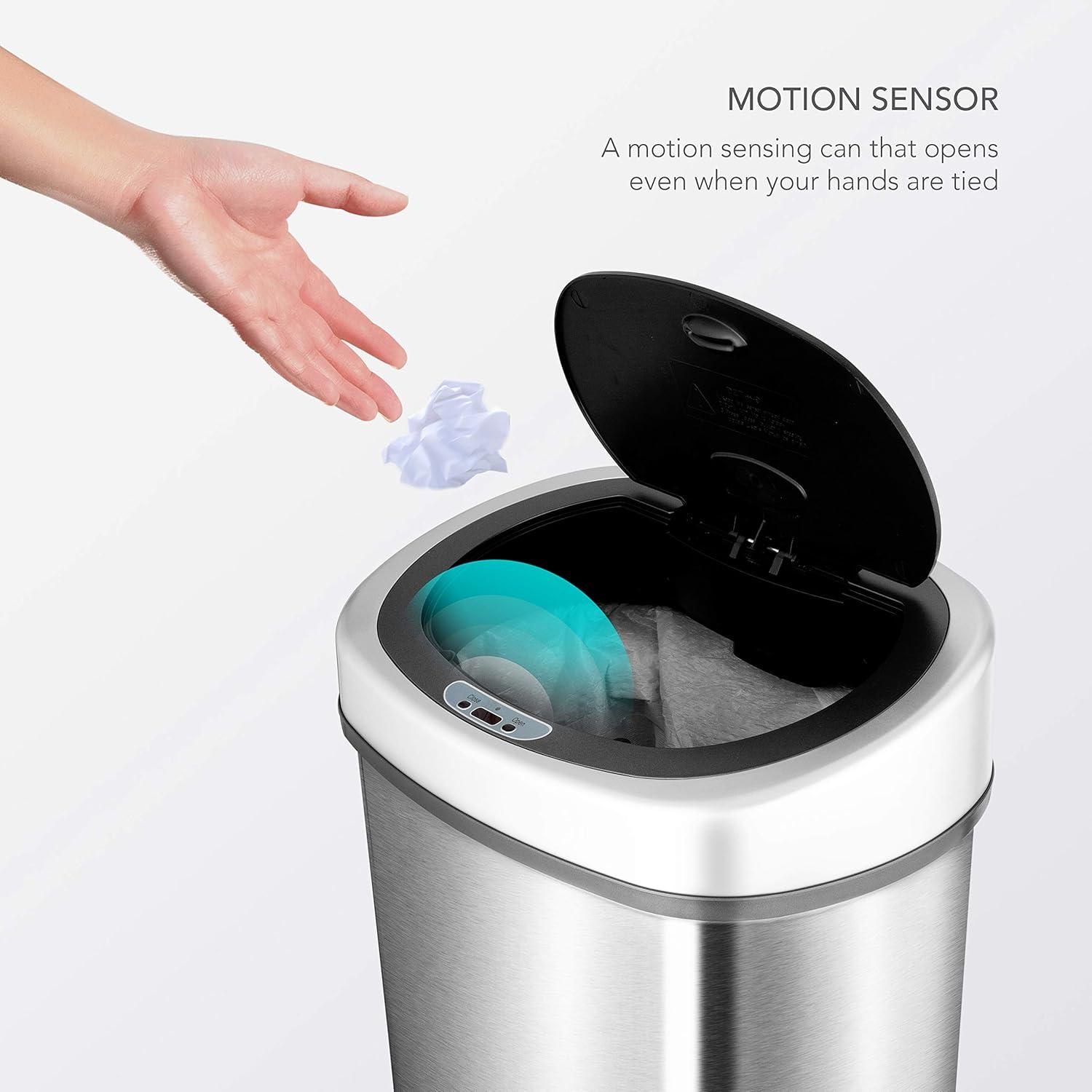 image:imageNinestars 2Piece Automatic Trash Can Combo Set 132 Gal 50L amp 3 Gal 12L Touchless Motion Sensor Garbage Cans Matching Oval Stainless Steel Black Lid
