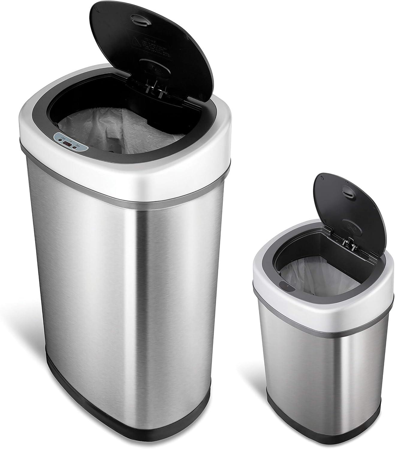 image:imageNinestars 2Piece Automatic Trash Can Combo Set 132 Gal 50L amp 3 Gal 12L Touchless Motion Sensor Garbage Cans Matching Oval Stainless Steel Black Lid