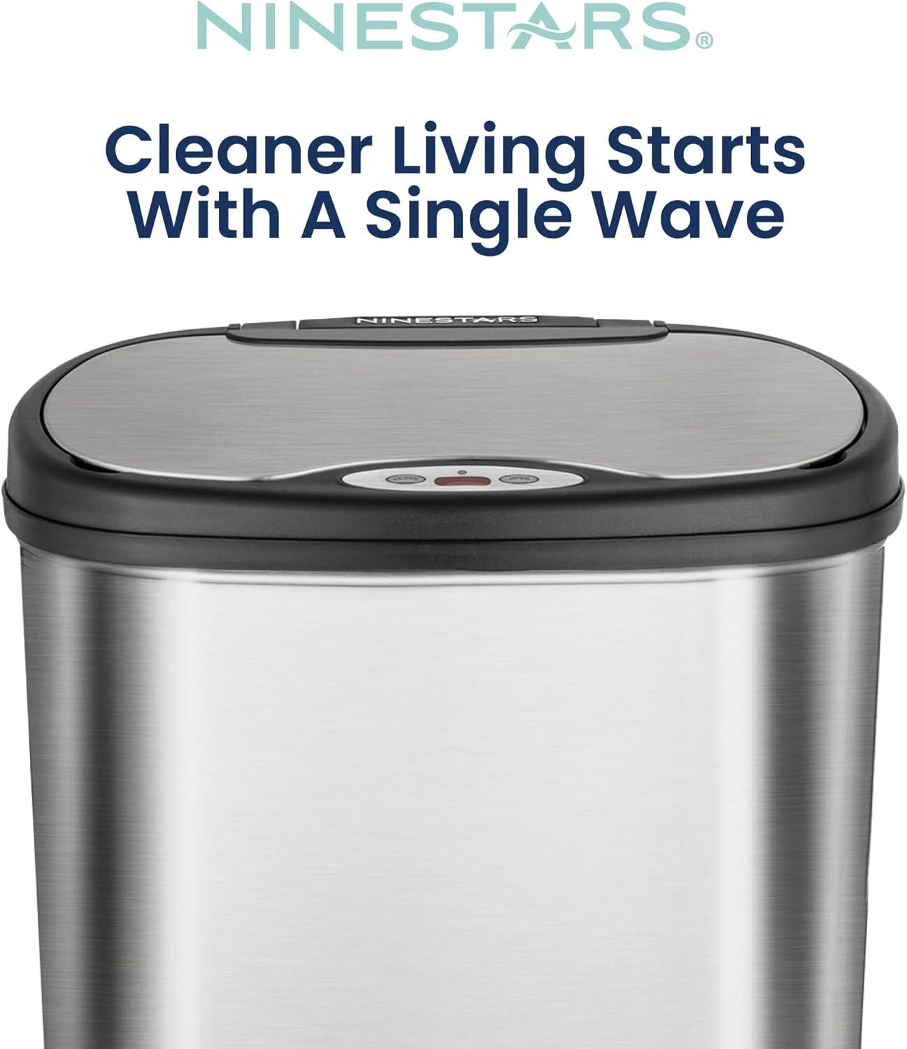 image:imageNinestars DZT5049 Automatic Touchless Motion Sensor Oval Trash Can with Black Top 13 gallon50 L Stainless SteelSilver Black