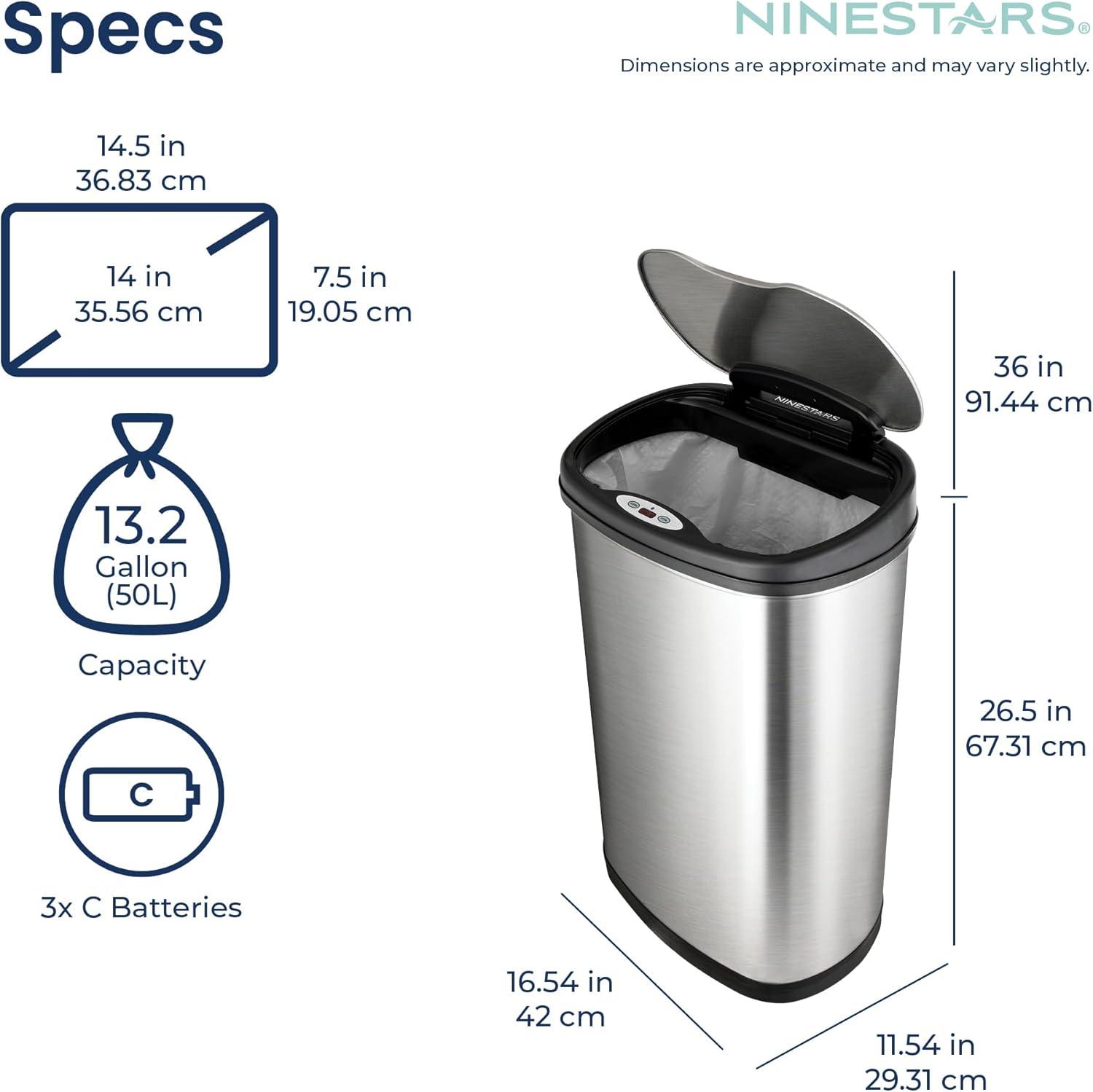 image:imageNinestars DZT5049 Automatic Touchless Motion Sensor Oval Trash Can with Black Top 13 gallon50 L Stainless SteelSilver Black