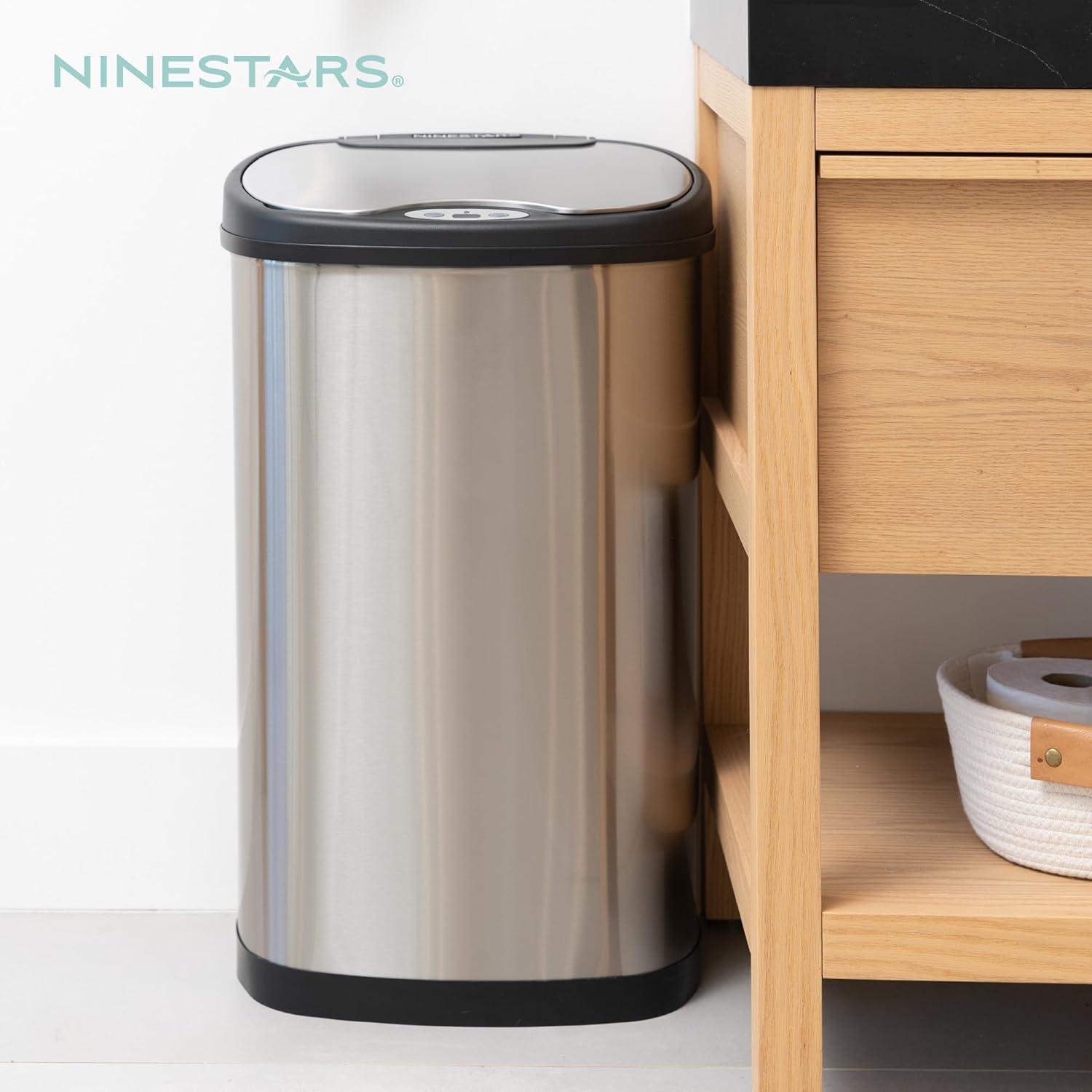 image:imageNinestars DZT5049 Automatic Touchless Motion Sensor Oval Trash Can with Black Top 13 gallon50 L Stainless SteelSilver Black
