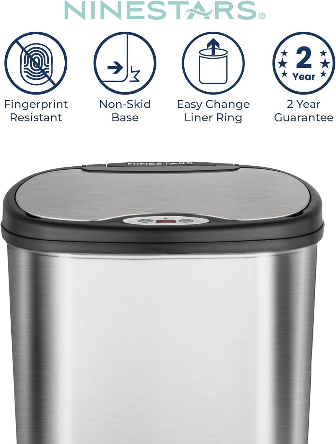 image:imageNinestars DZT5049 Automatic Touchless Motion Sensor Oval Trash Can with Black Top 13 gallon50 L Stainless SteelSilver Black