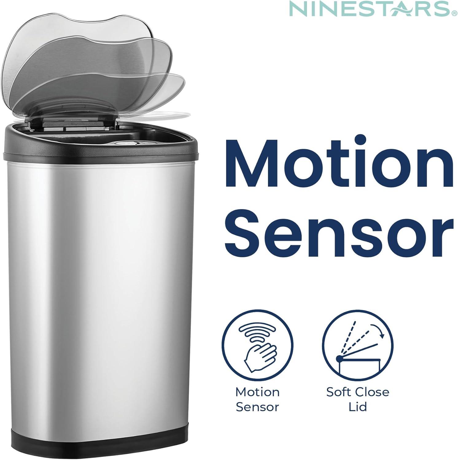 image:imageNinestars DZT5049 Automatic Touchless Motion Sensor Oval Trash Can with Black Top 13 gallon50 L Stainless SteelSilver Black