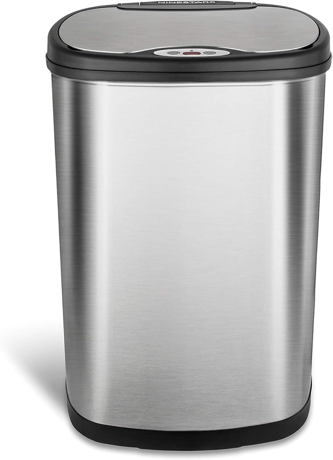image:imageNinestars DZT5049 Automatic Touchless Motion Sensor Oval Trash Can with Black Top 13 gallon50 L Stainless SteelSilver Black