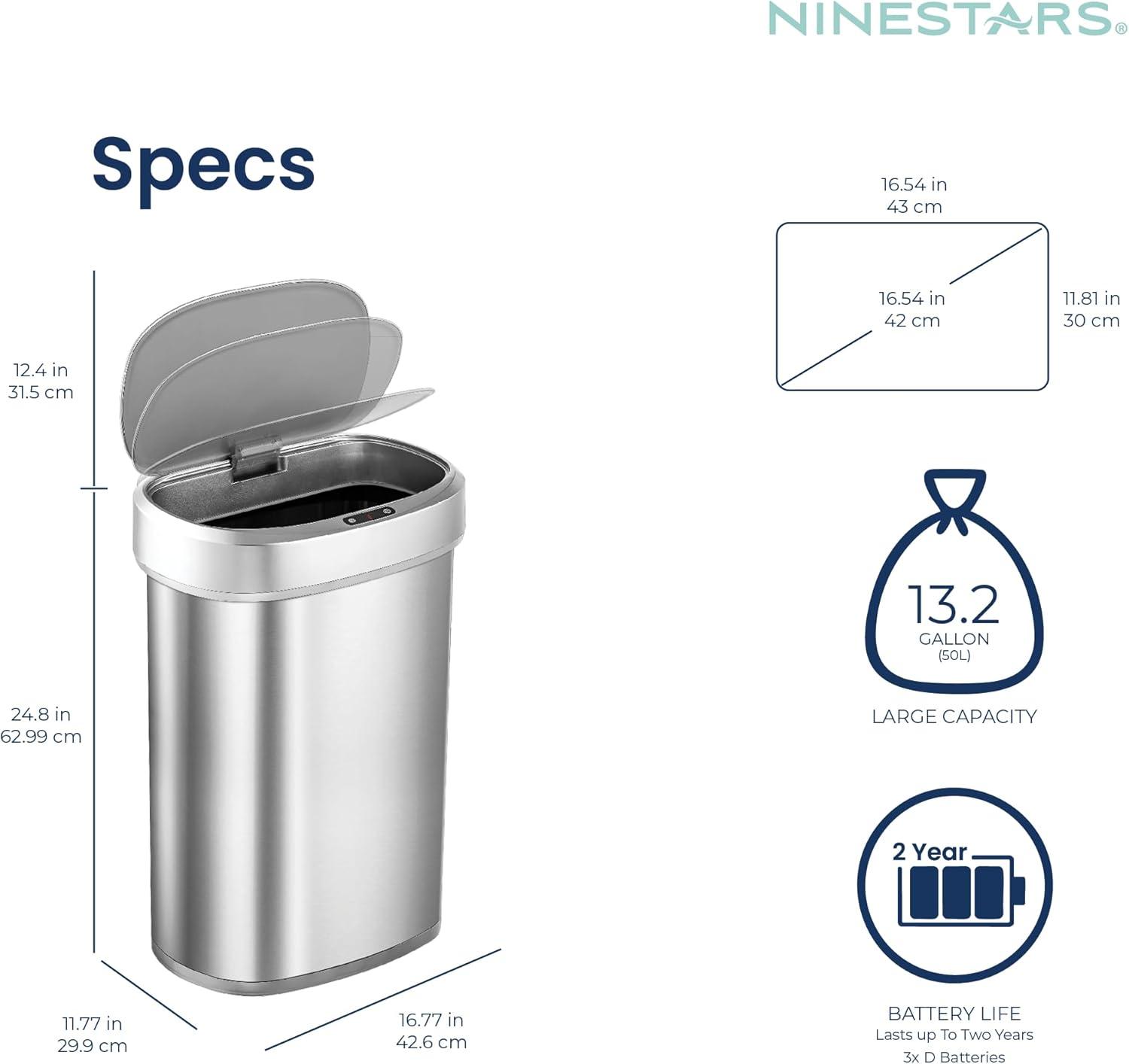 image:imageNinestars DZT5049 Automatic Touchless Motion Sensor Oval Trash Can with Black Top 13 gallon50 L Stainless SteelSilver