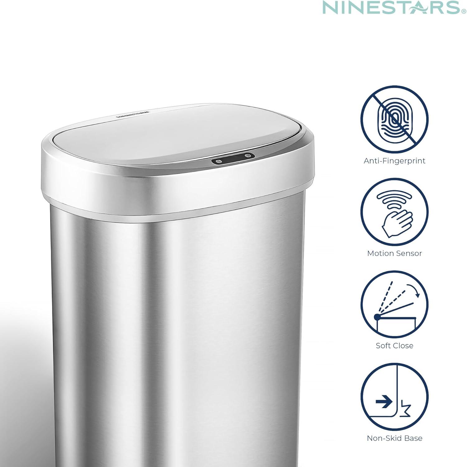 image:imageNinestars DZT5049 Automatic Touchless Motion Sensor Oval Trash Can with Black Top 13 gallon50 L Stainless SteelSilver