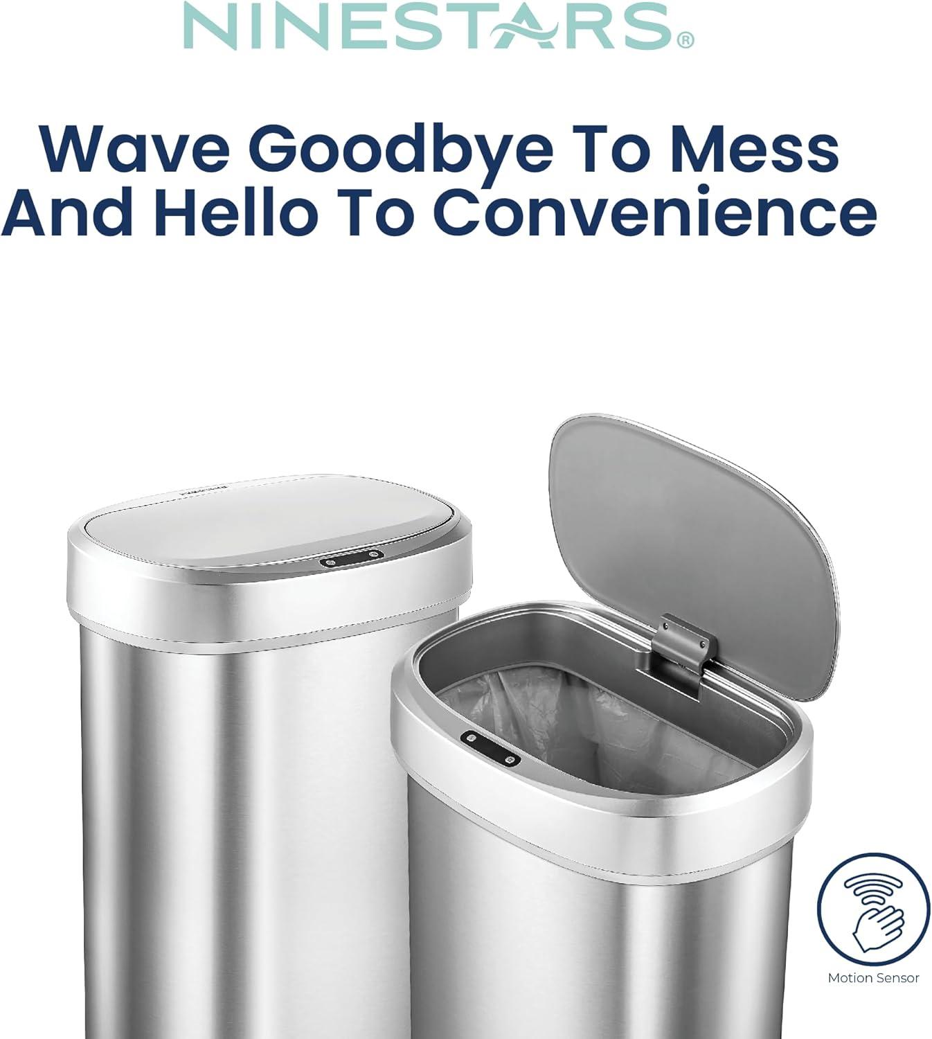 image:imageNinestars DZT5049 Automatic Touchless Motion Sensor Oval Trash Can with Black Top 13 gallon50 L Stainless SteelSilver