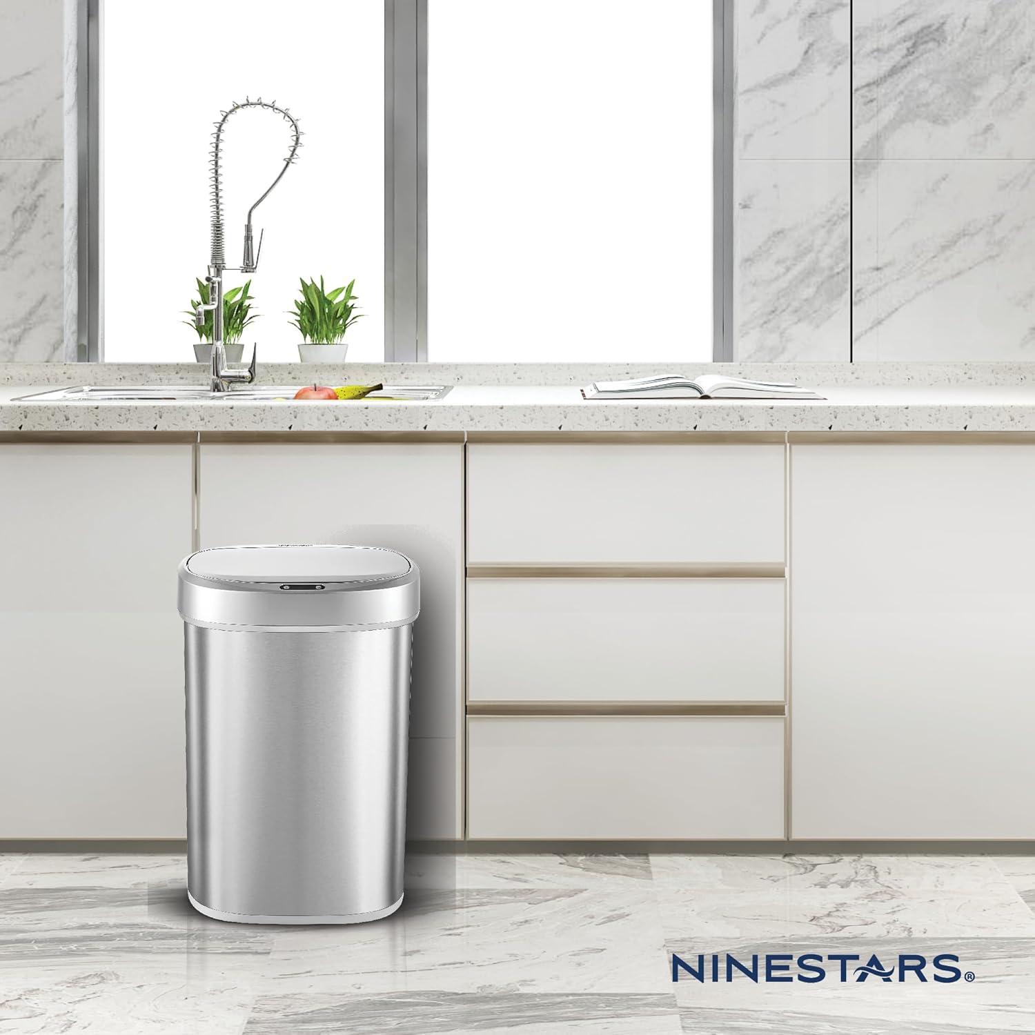 image:imageNinestars DZT5049 Automatic Touchless Motion Sensor Oval Trash Can with Black Top 13 gallon50 L Stainless SteelSilver