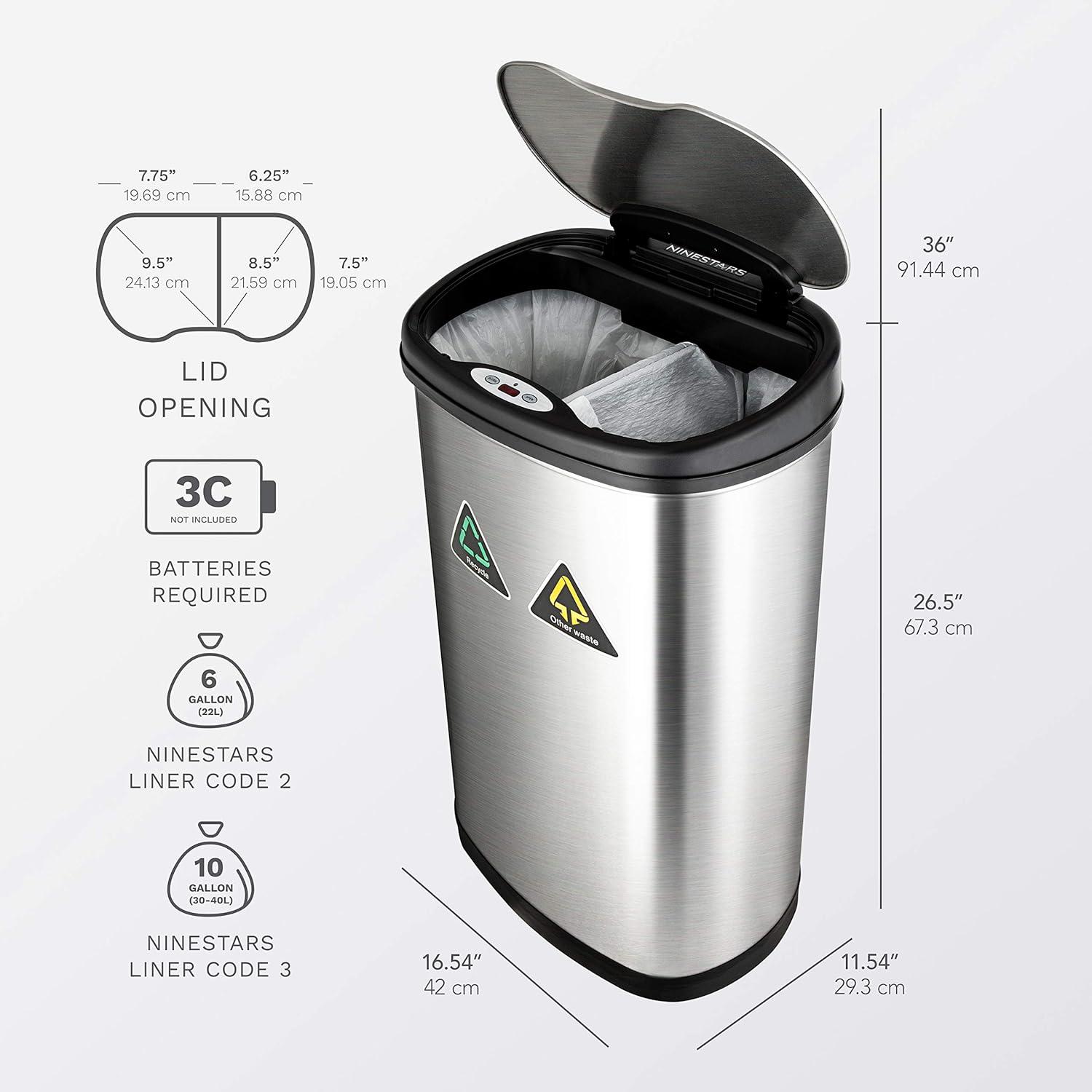image:imageNinestars DZT7011R Automatic Touchless Motion Sensor SemiRound Trash CanRecycler 185 Gal 70 L Stainless Steel13 Gal