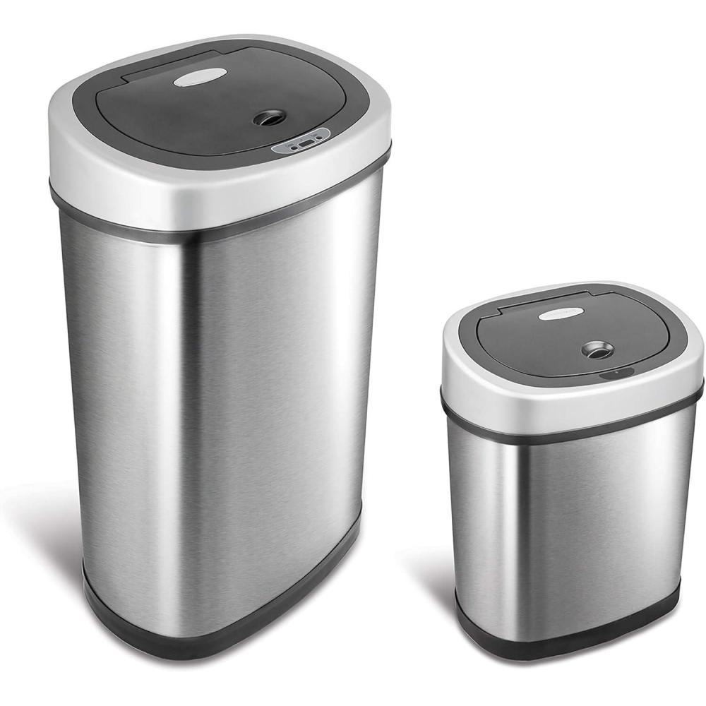 image:imageNinestars 2Piece Automatic Trash Can Combo Set 132 Gal 50L amp 3 Gal 12L Touchless Motion Sensor Garbage Cans Matching Oval Stainless Steel Black Lid