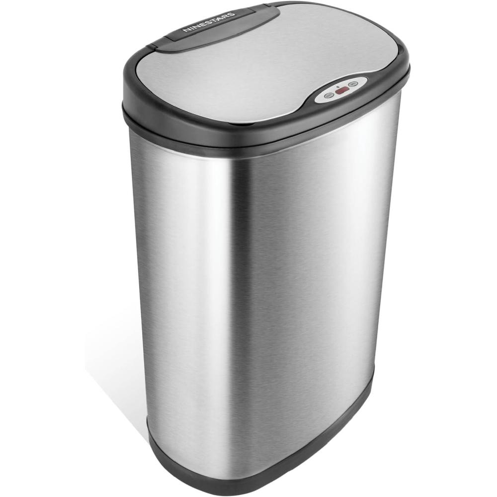 image:imageNinestars DZT5049 Automatic Touchless Motion Sensor Oval Trash Can with Black Top 13 gallon50 L Stainless SteelSilver Black