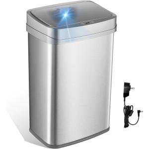 Ninestars 13 Gallon Odor Neutralizing Smart Trash Can, UV + Ozone Dual Purification, Odor Control Motion Sensor Garbage Bin, Universal Power Adapter, ONT-50-81SL Stainless Steel, Silver, Nova Series(Large)