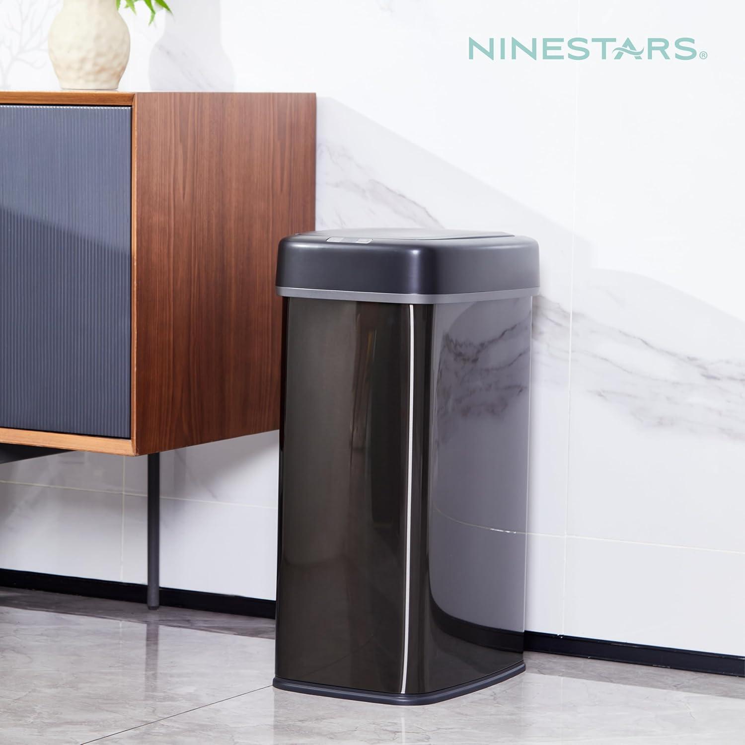 image:imageNinestars DZT5016BSS Automatic Touchless Motion Sensor Oval Trash Can with Black Top 13 gallon50 L Stainless Steel