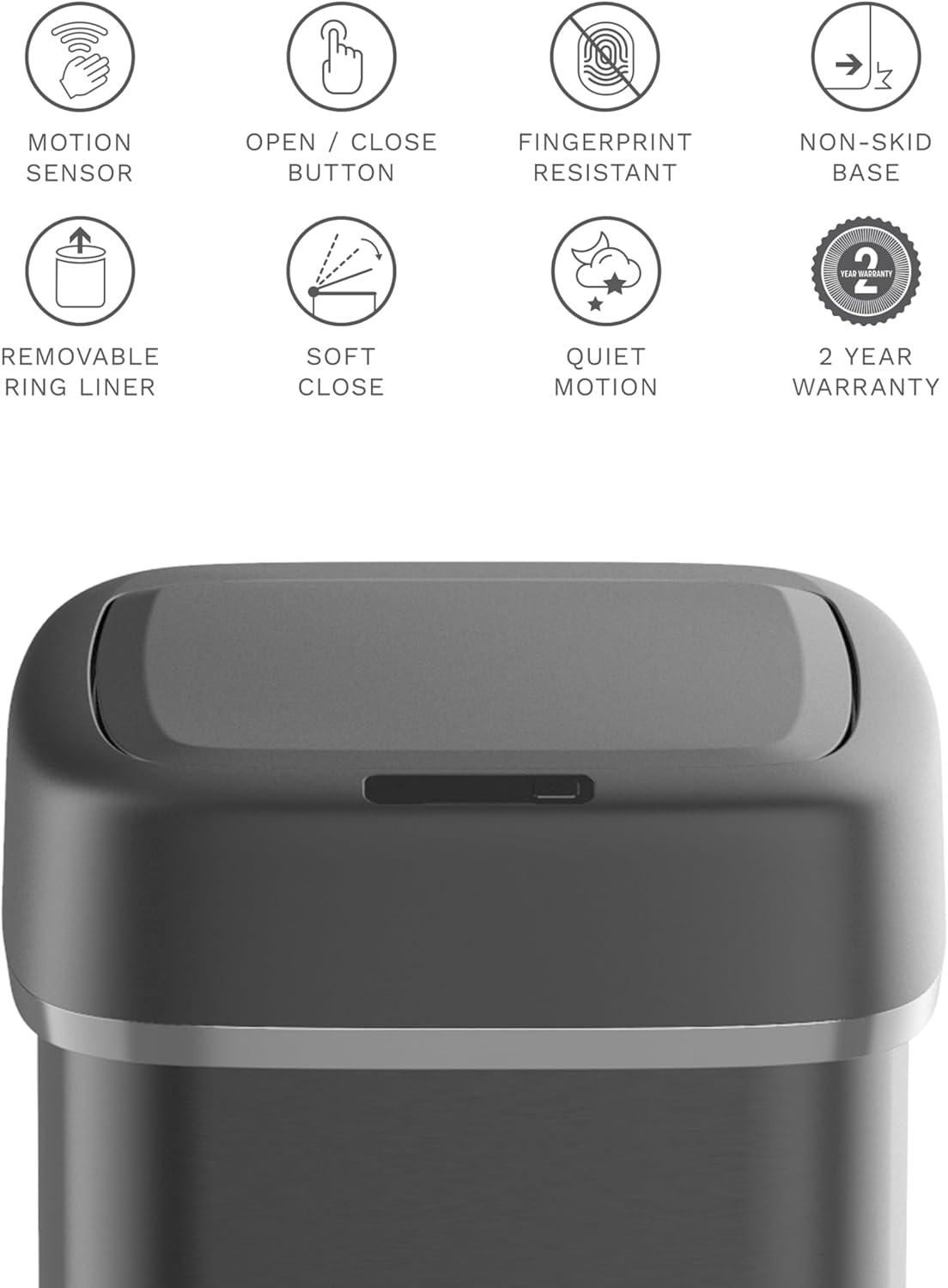image:imageNinestars DZT5016BSS Automatic Touchless Motion Sensor Oval Trash Can with Black Top 13 gallon50 L Stainless Steel