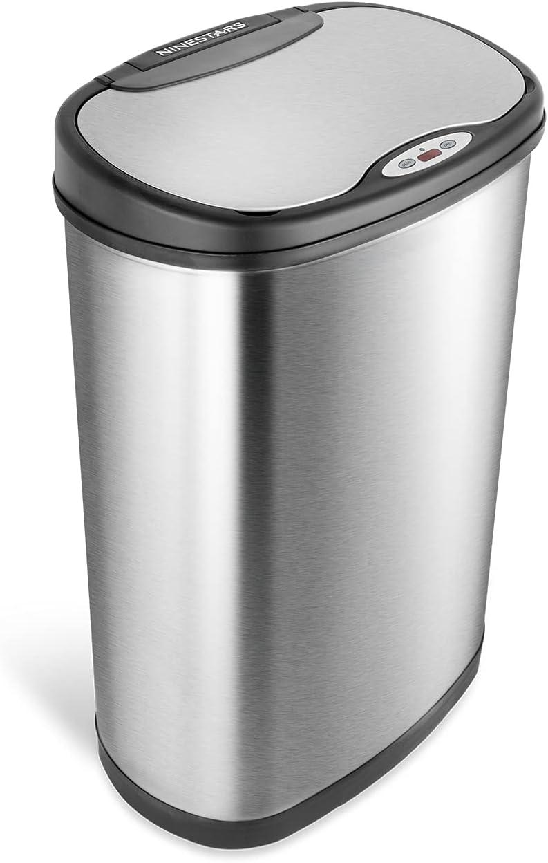 image:imageNinestars TwoPiece Automatic Trash Can Combo Set 13 Gal 50L amp 3 Gal 12L Touchless Motion Sensor Garbage Cans with OdorSealing Lids Matching Oval Stainless Steel Black Trim