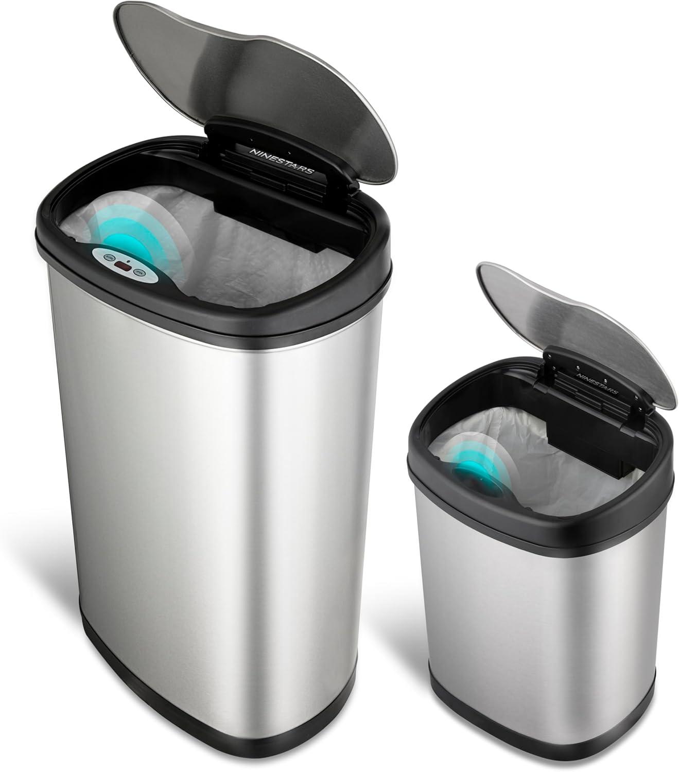 image:imageNinestars TwoPiece Automatic Trash Can Combo Set 13 Gal 50L amp 3 Gal 12L Touchless Motion Sensor Garbage Cans with OdorSealing Lids Matching Oval Stainless Steel Black Trim