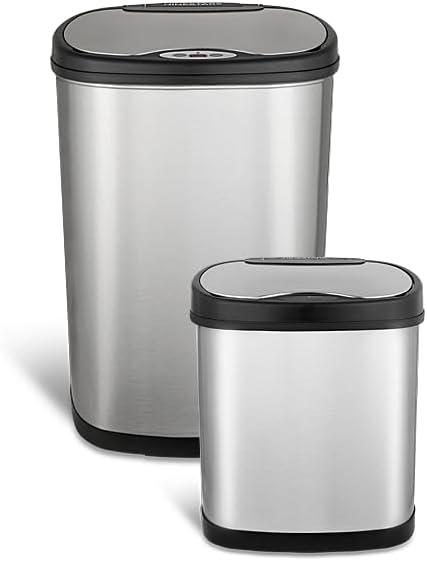 image:imageNinestars TwoPiece Automatic Trash Can Combo Set 13 Gal 50L amp 3 Gal 12L Touchless Motion Sensor Garbage Cans with OdorSealing Lids Matching Oval Stainless Steel Black Trim