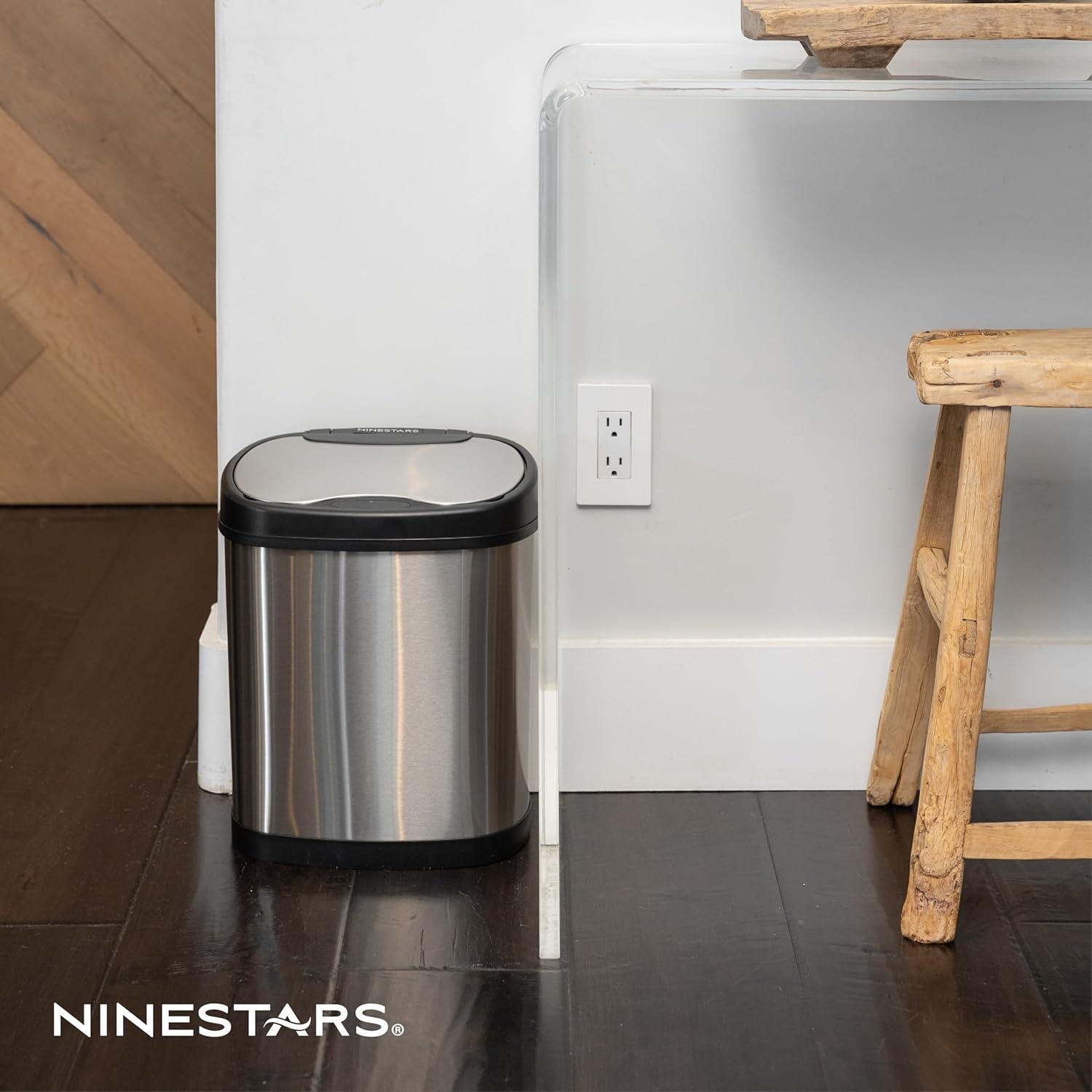 image:imageNinestars TwoPiece Automatic Trash Can Combo Set 13 Gal 50L amp 3 Gal 12L Touchless Motion Sensor Garbage Cans with OdorSealing Lids Matching Oval Stainless Steel Black Trim