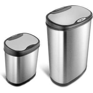 Ninestars Two-Piece Automatic Trash Can Combo Set, 13 Gal (50L) & 3 Gal (12L) Touchless Motion Sensor Garbage Cans with Odor-Sealing Lids, Matching Oval Stainless Steel, Black Trim