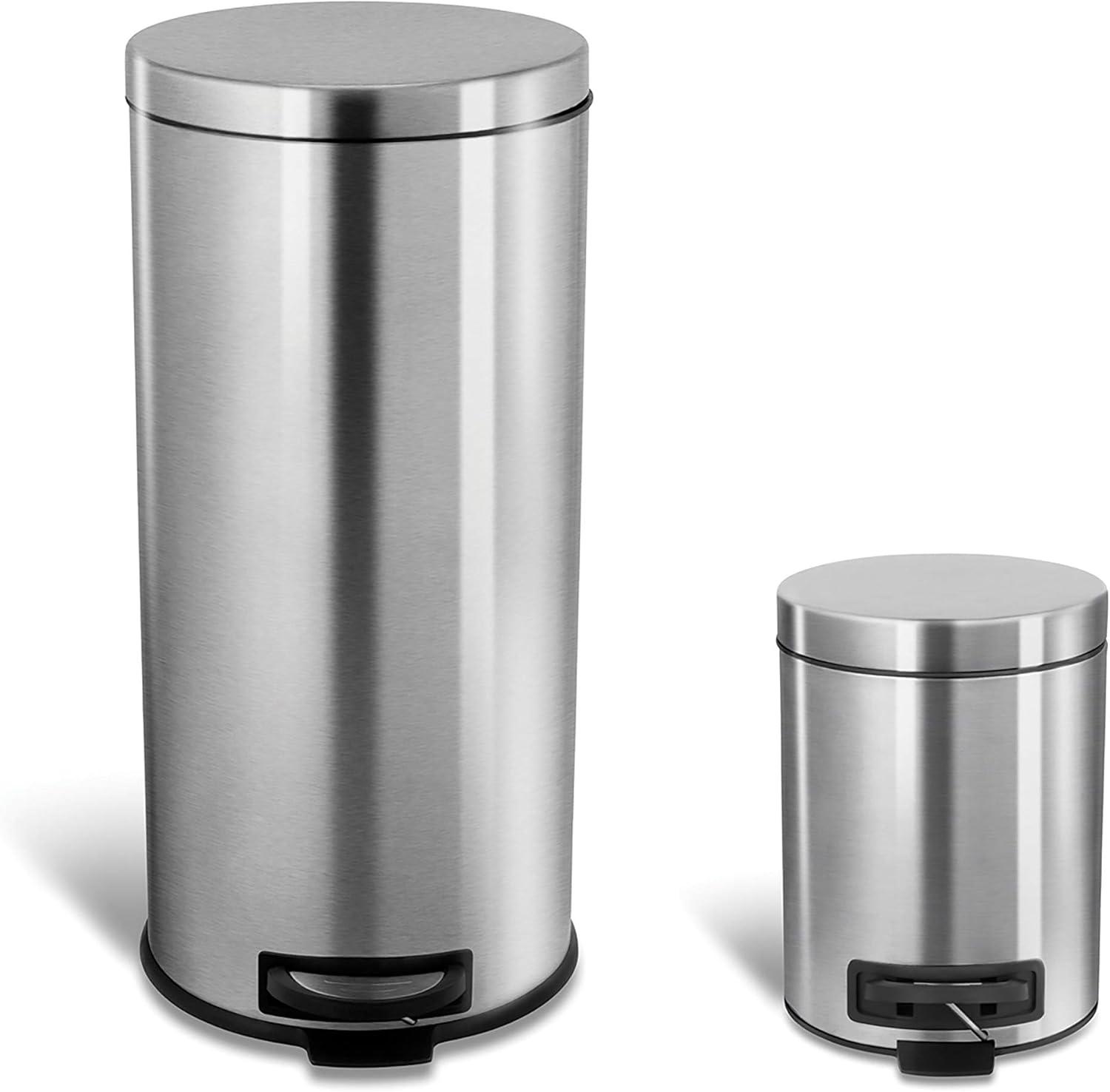 image:imageNinestars CBSOT30151 Stepon Trash Can Combo Set 8 Gal 30L amp 12 Gal 5L Stainless Steel Base Round Stainless Steel Lid 8 Gal amp 13 Gal92 Gal