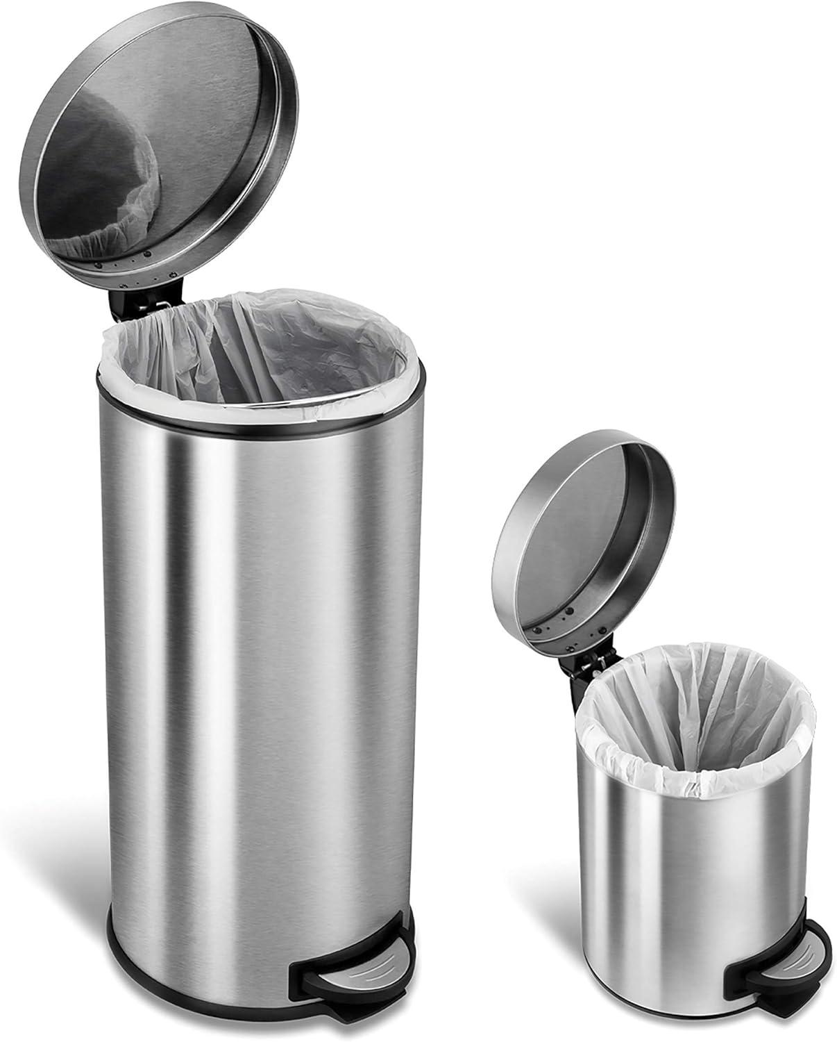 image:imageNinestars CBSOT30151 Stepon Trash Can Combo Set 8 Gal 30L amp 12 Gal 5L Stainless Steel Base Round Stainless Steel Lid 8 Gal amp 13 Gal92 Gal